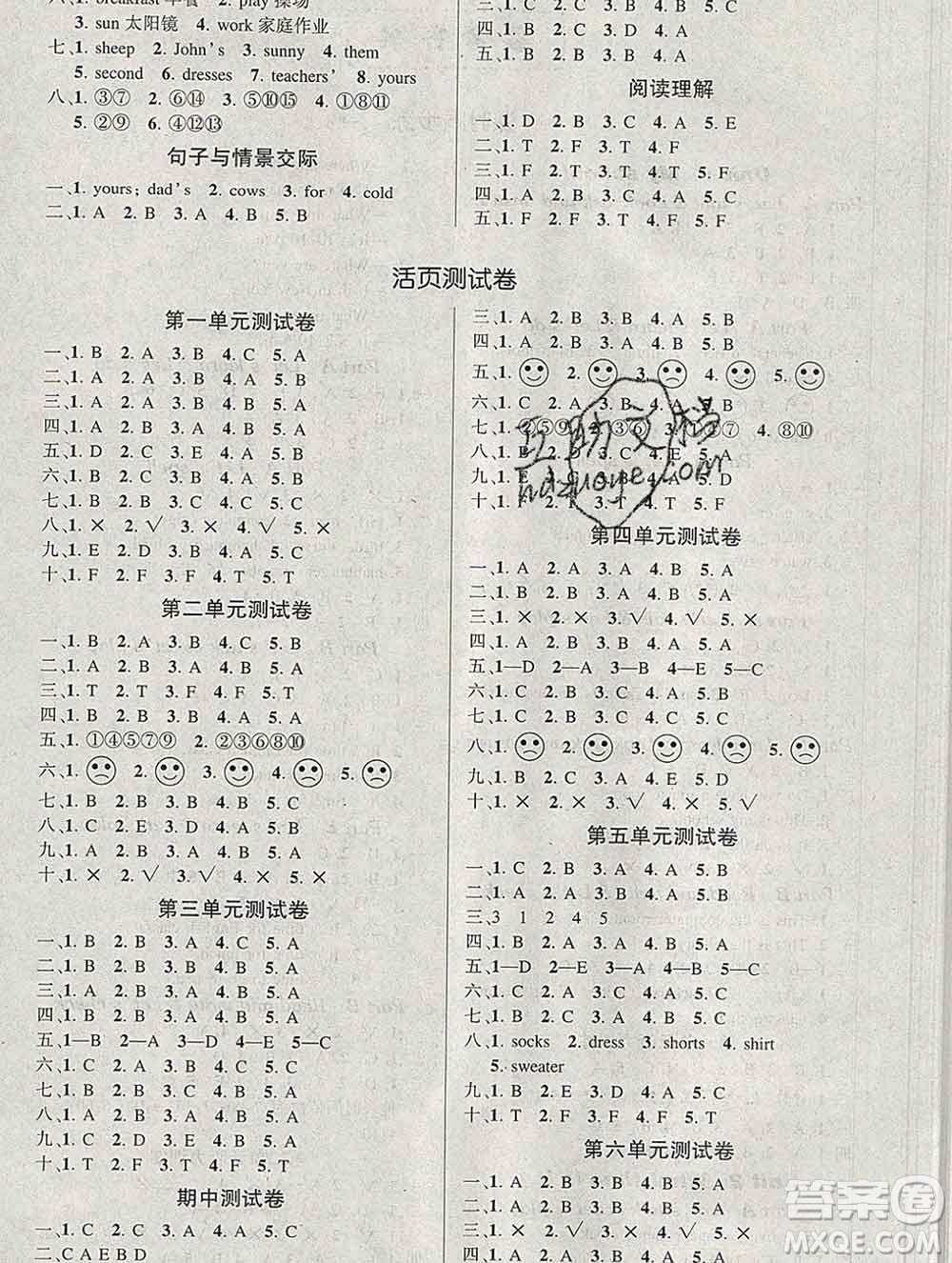 長江出版社2020創(chuàng)優(yōu)作業(yè)100分導(dǎo)學(xué)案英語人教PEP版四年級下冊參考答案