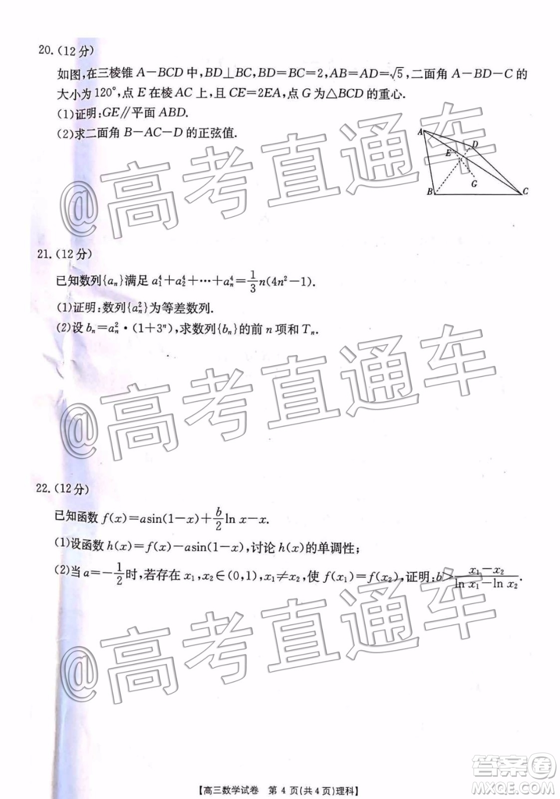 2020屆湖南百所中學(xué)高三12月大聯(lián)考理科數(shù)學(xué)試題及答案