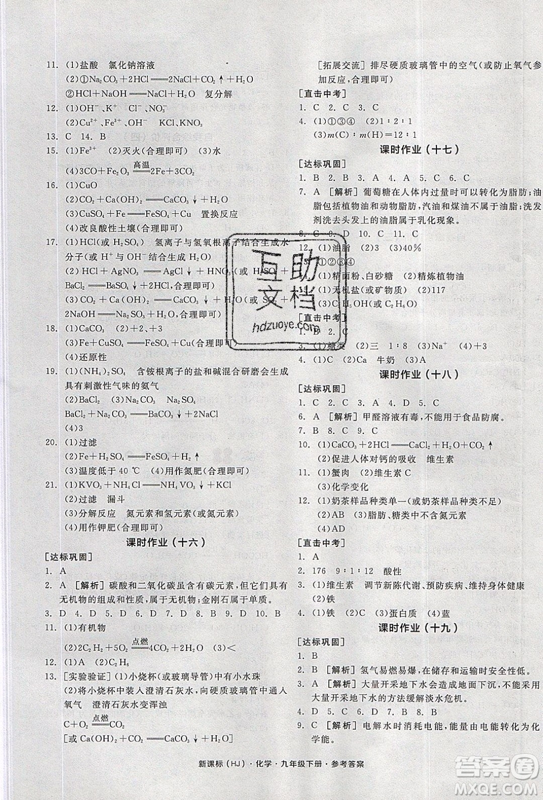 陽(yáng)光出版社2020年全品學(xué)練考化學(xué)九年級(jí)下冊(cè)新課標(biāo)HJ滬教版答案