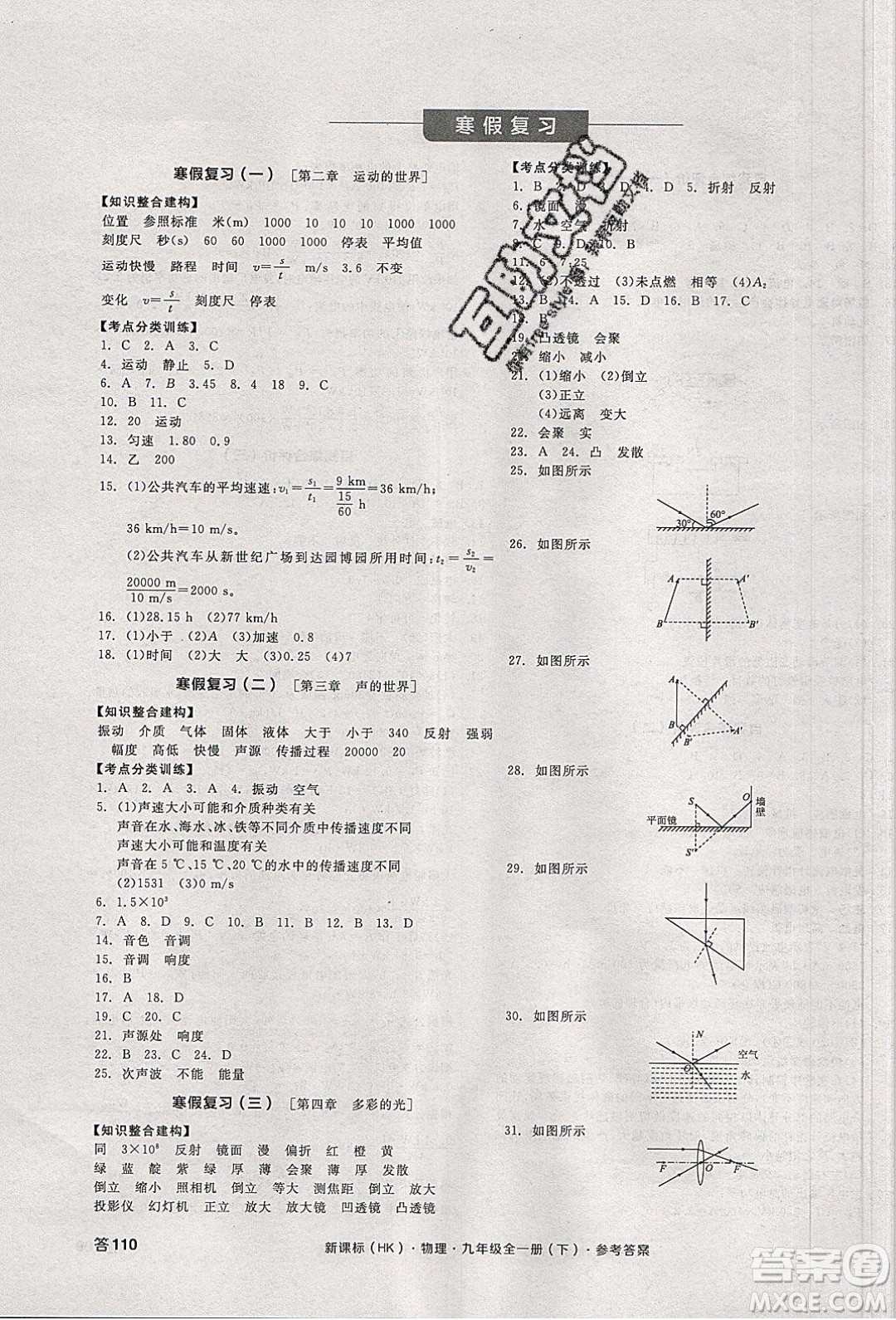 陽(yáng)光出版社2020年全品學(xué)練考物理九年級(jí)全一冊(cè)下新課標(biāo)HK滬科版答案