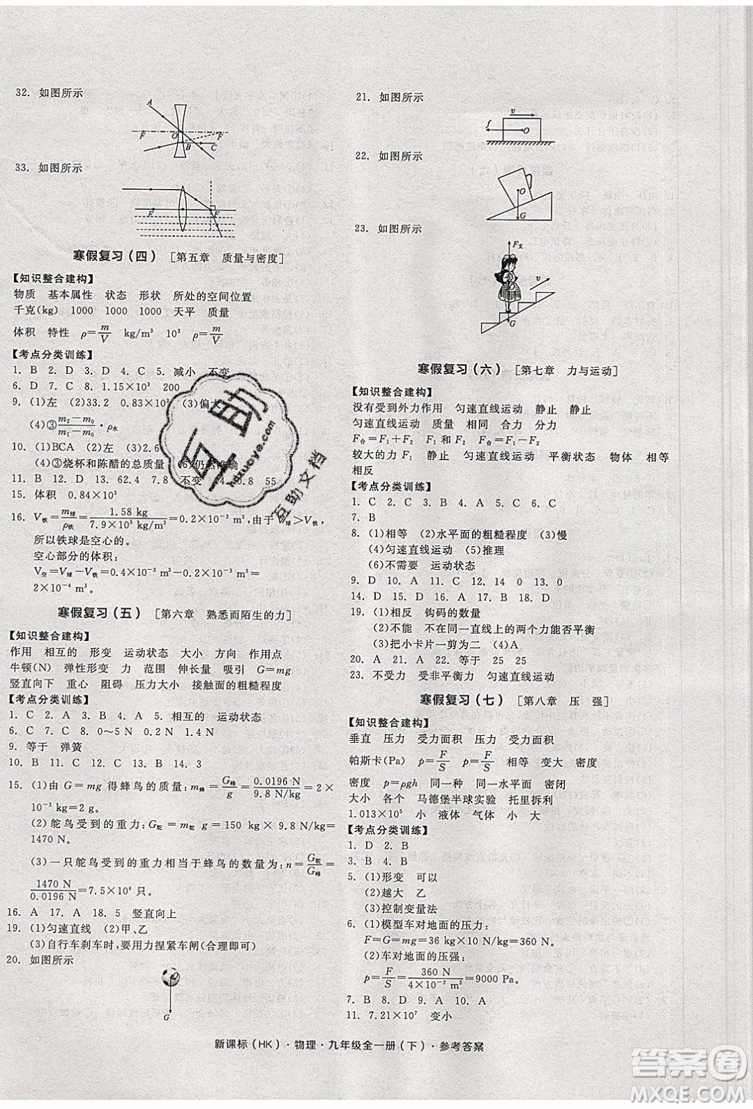 陽(yáng)光出版社2020年全品學(xué)練考物理九年級(jí)全一冊(cè)下新課標(biāo)HK滬科版答案