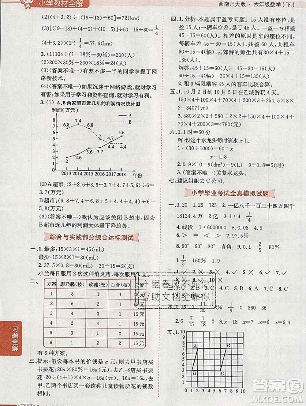 2020春小學(xué)教材全解六年級(jí)數(shù)學(xué)下冊(cè)西師大版答案