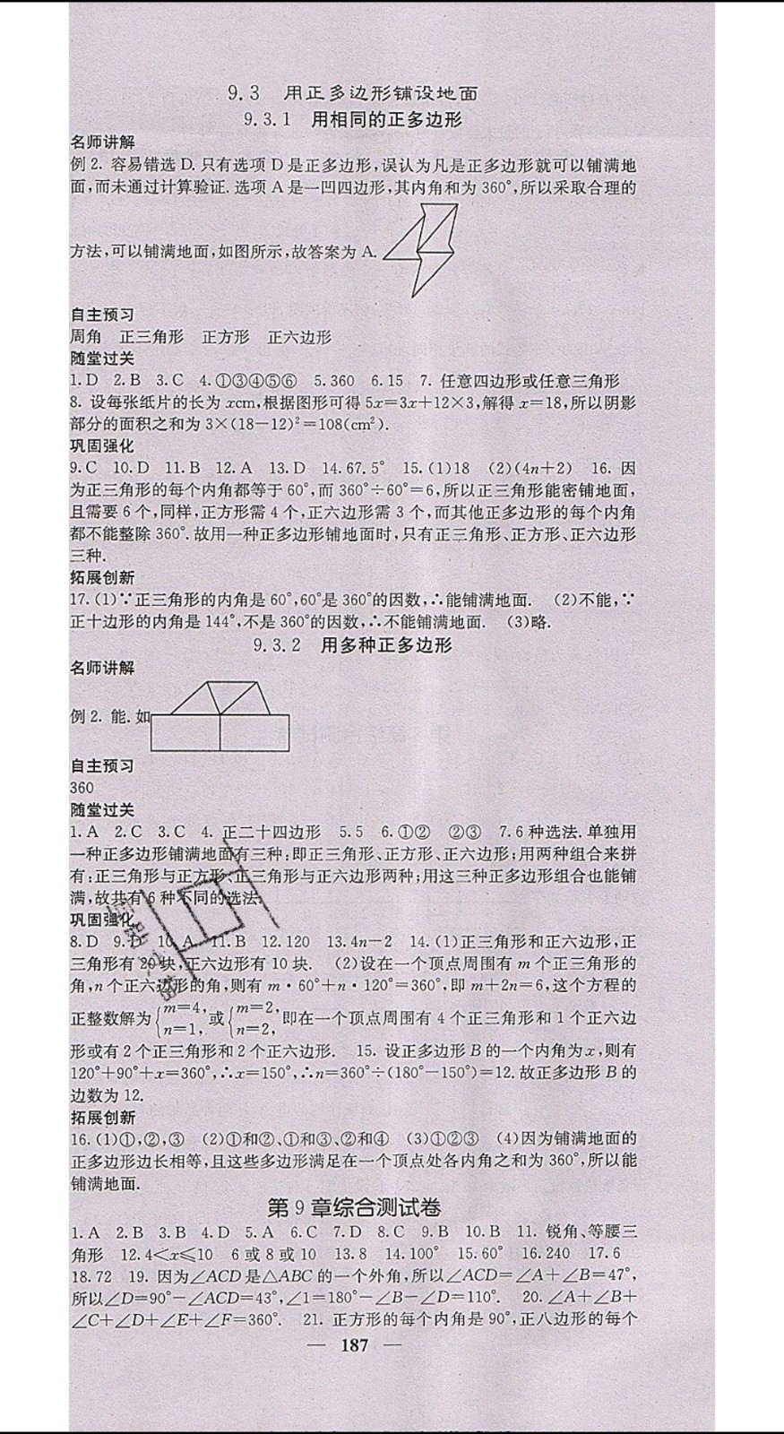 梯田文化2020年課堂點睛數(shù)學七年級下冊華師版參考答案