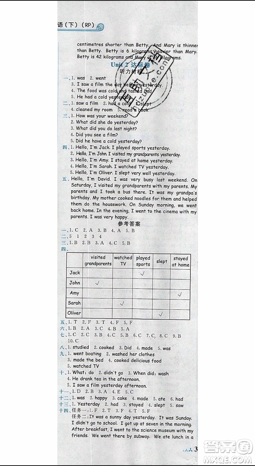 2020春黃岡小狀元達標卷六年級下冊英語人教版R參考答案