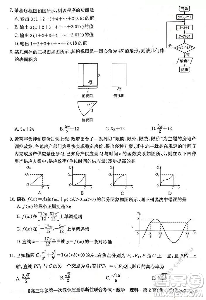 2020年1月廣西高三年級第一次教學(xué)質(zhì)量診斷性聯(lián)合考試?yán)砜茢?shù)學(xué)試題及答案