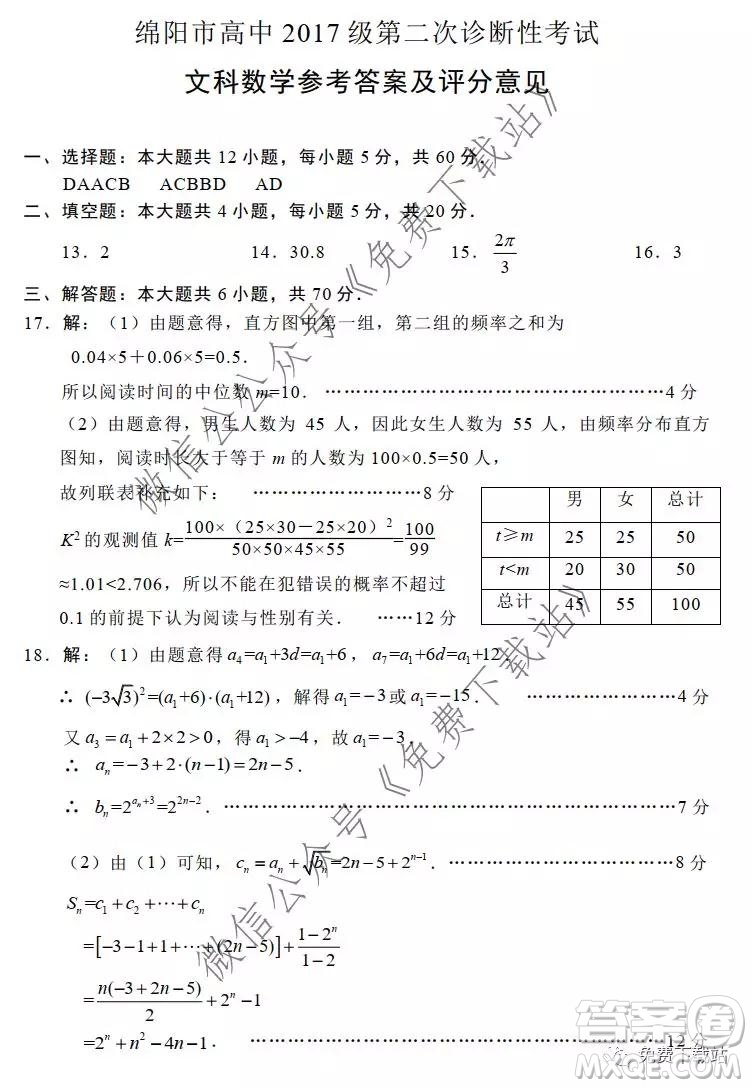 綿陽市高中2017級(jí)第二次診斷性考試文科數(shù)學(xué)試題及答案