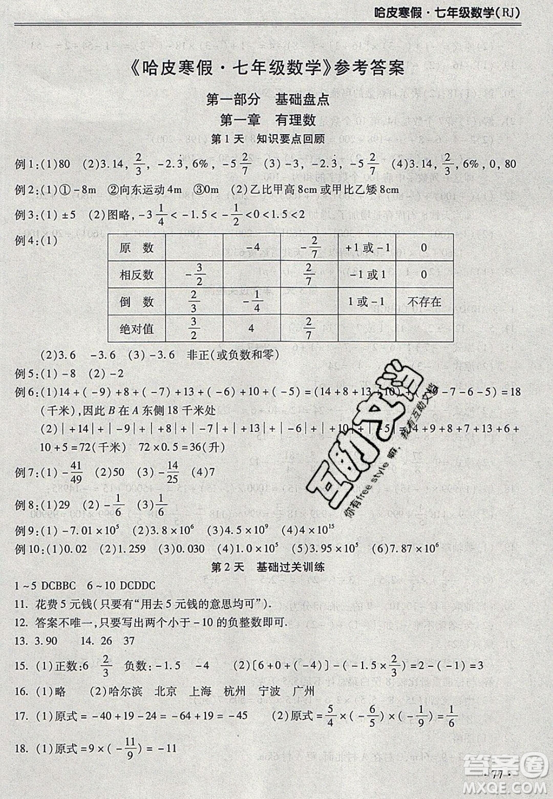 合肥工業(yè)大學(xué)出版社2020哈皮寒假七年級(jí)數(shù)學(xué)人教版答案