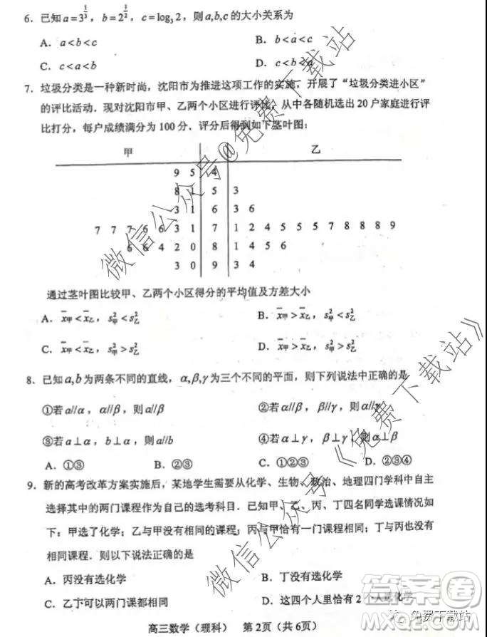 2020年沈陽市高中三年級(jí)教學(xué)質(zhì)量檢測(cè)一理數(shù)試題及答案