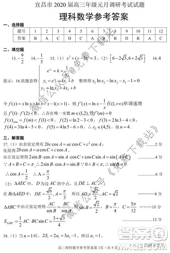 宜昌市2020屆高三年級元月調(diào)研考試理科數(shù)學試題及答案