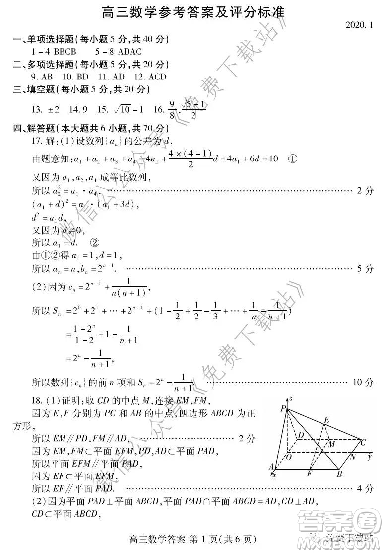 山東省濰坊市2020屆高三期末聯(lián)考數(shù)學(xué)試題及答案