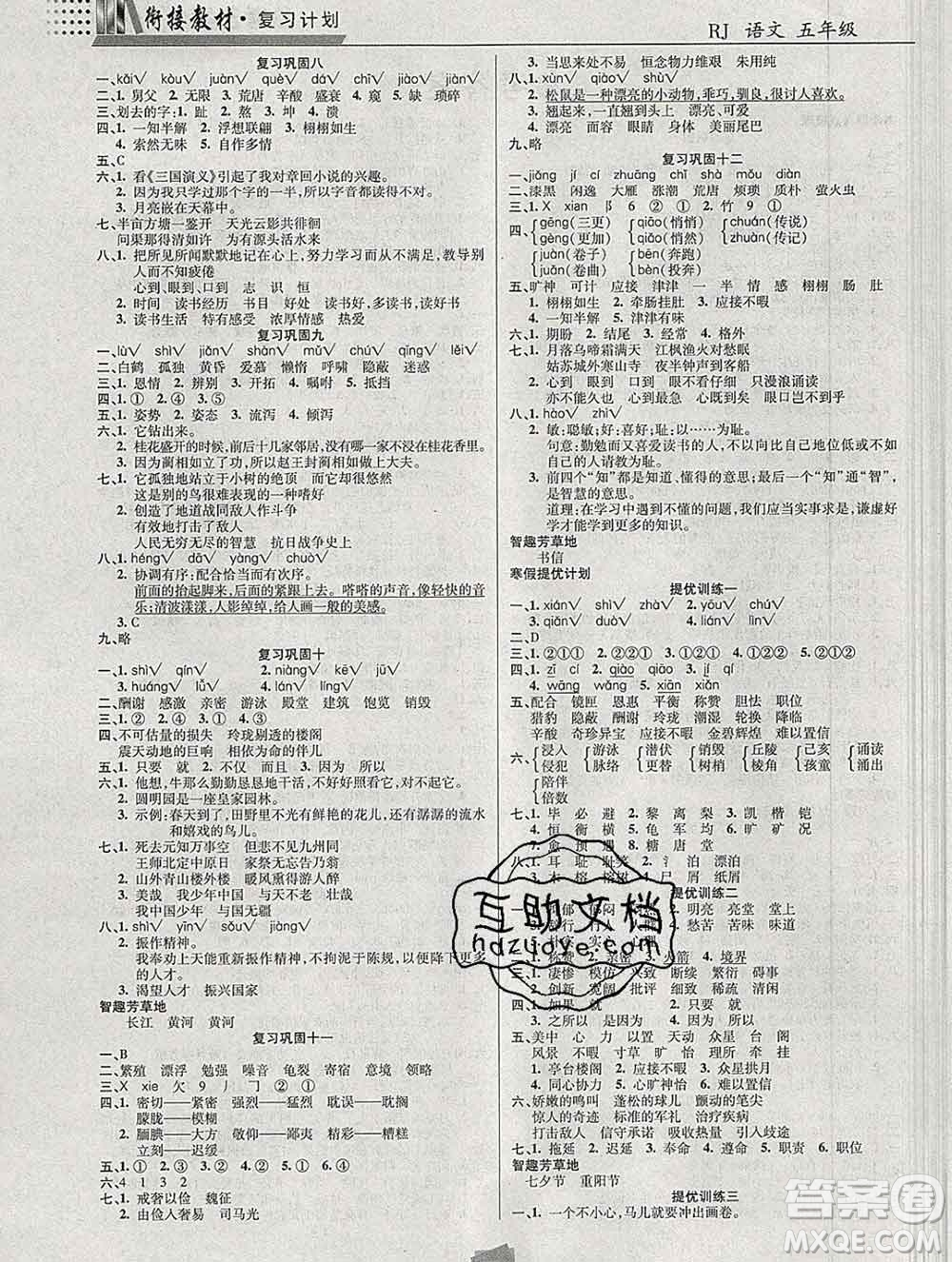 2020年特優(yōu)復(fù)習(xí)計(jì)劃期末沖刺寒假作業(yè)教材銜接五年級(jí)語文人教版答案