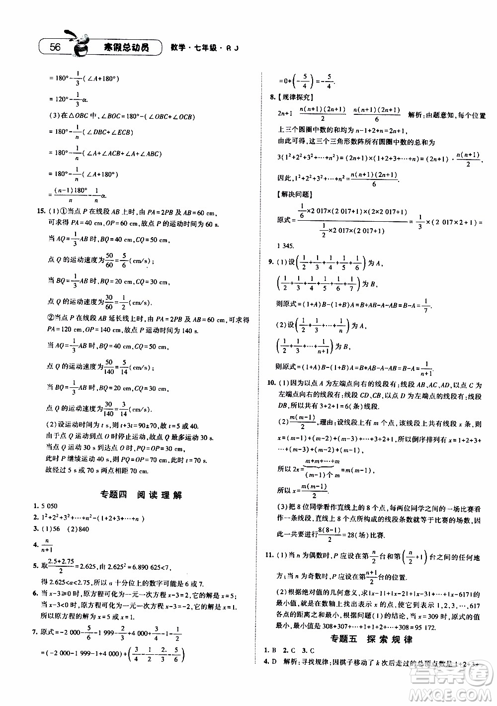 經(jīng)綸學(xué)典2020年寒假總動(dòng)員數(shù)學(xué)七年級(jí)RJ人教版參考答案