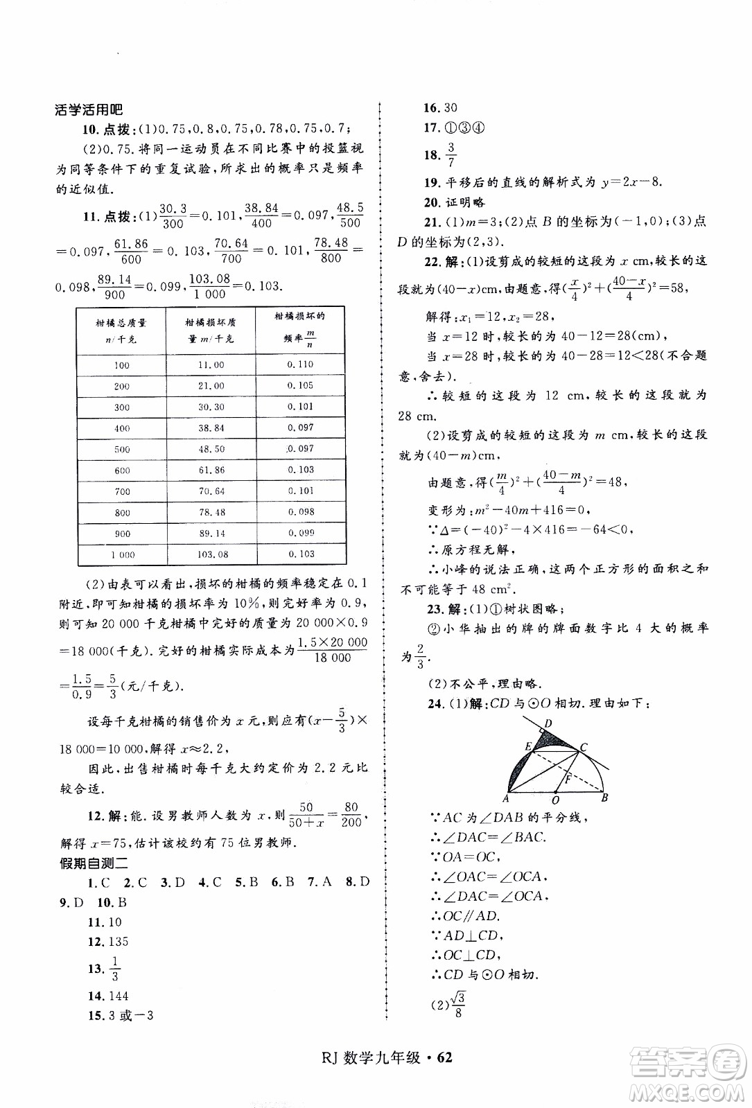 贏在起跑線2020年中學(xué)生快樂寒假數(shù)學(xué)9年級RJ人教版參考答案