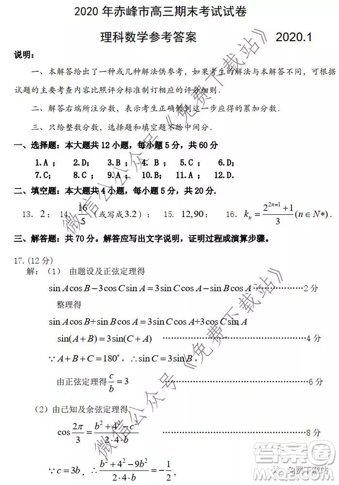 2020年赤峰市高三期末考試?yán)砜茢?shù)學(xué)試題及答案