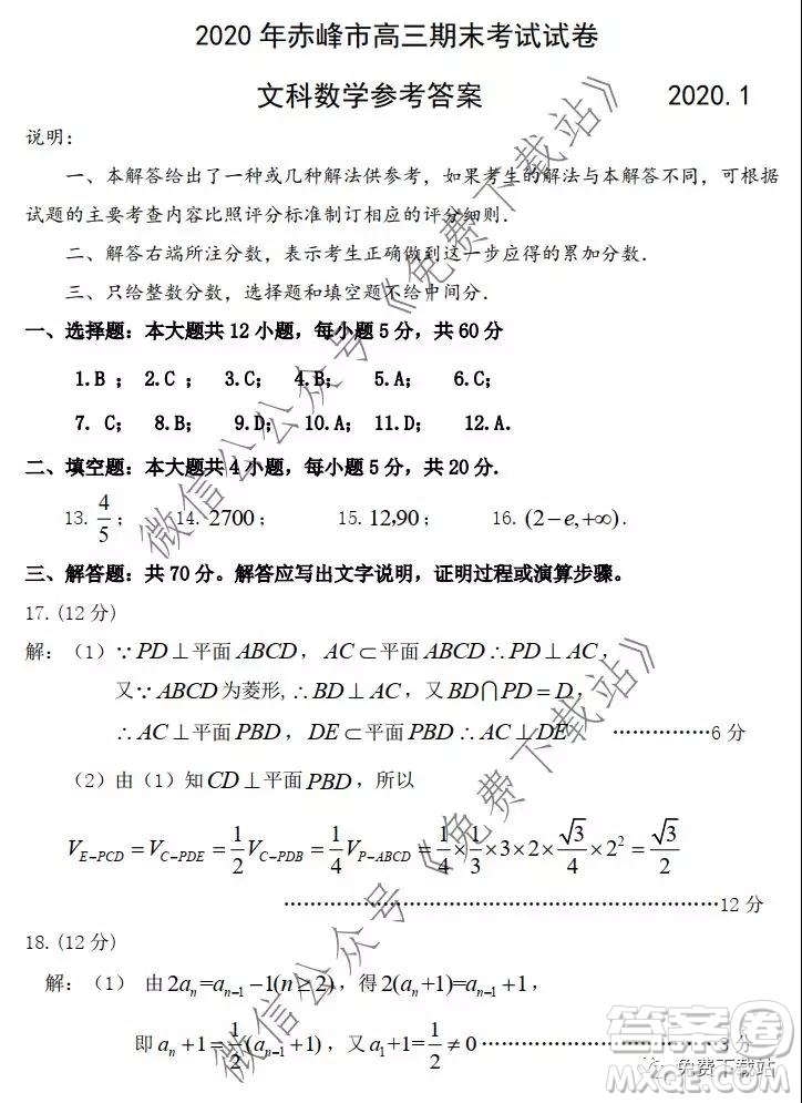 2020年赤峰市高三期末考試文科數(shù)學(xué)試題及答案