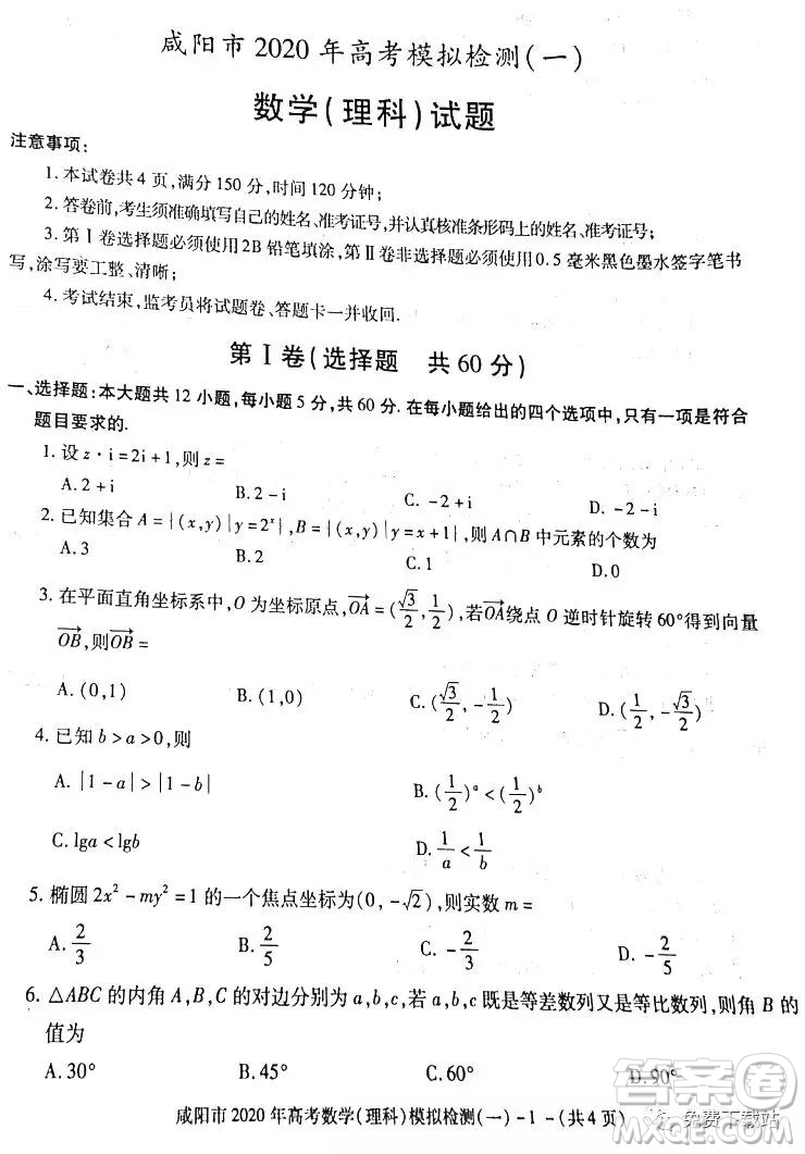 咸陽市2020年高考模擬檢測一理科數(shù)學(xué)答案