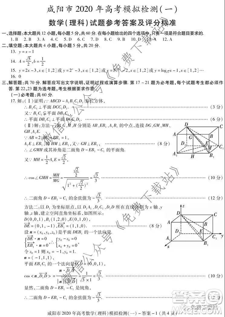 咸陽市2020年高考模擬檢測一理科數(shù)學(xué)答案