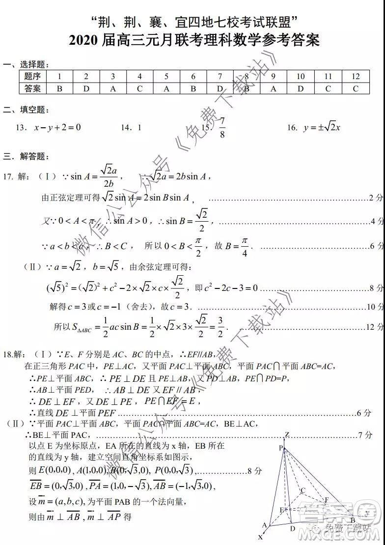 荊荊襄宜四地七?？荚嚶?lián)盟2020屆高三元月聯(lián)考理科數(shù)學(xué)試題及答案