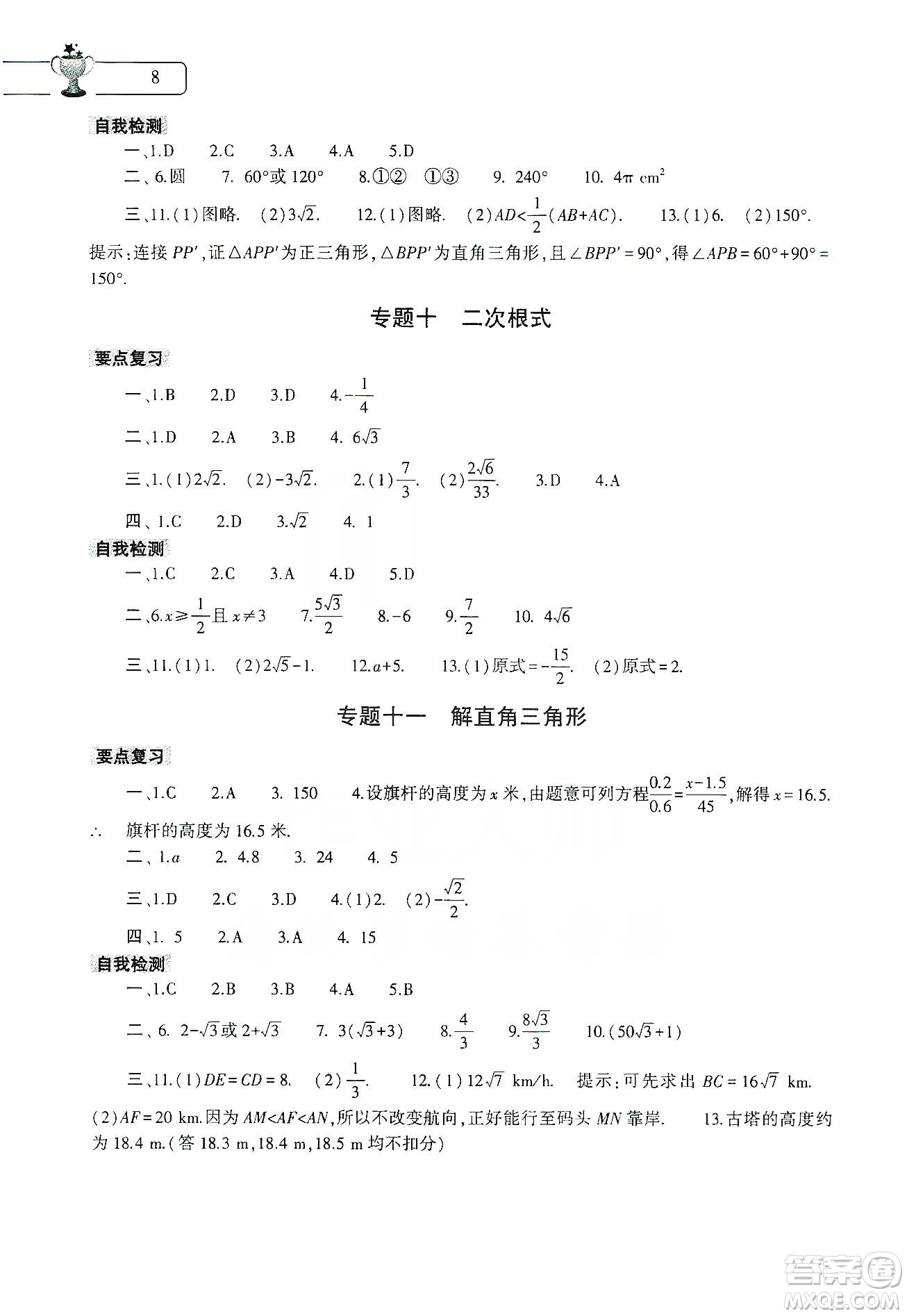 大象出版社2020數(shù)學(xué)寒假作業(yè)本九年級通用版答案