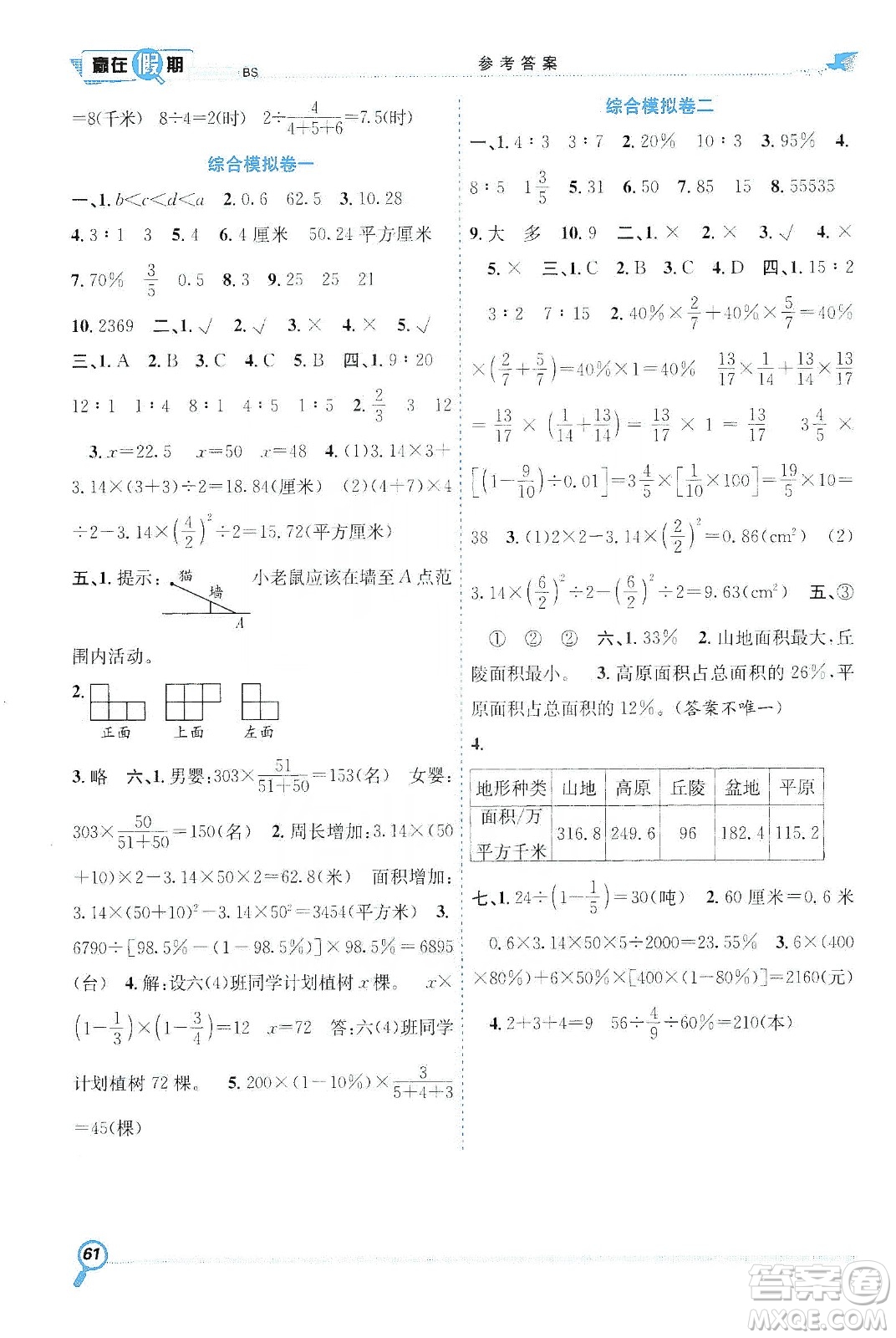 合肥工業(yè)大學(xué)出版社2020宏龍寒假學(xué)期總復(fù)習(xí)贏在假期六年級(jí)數(shù)學(xué)北師大版答案