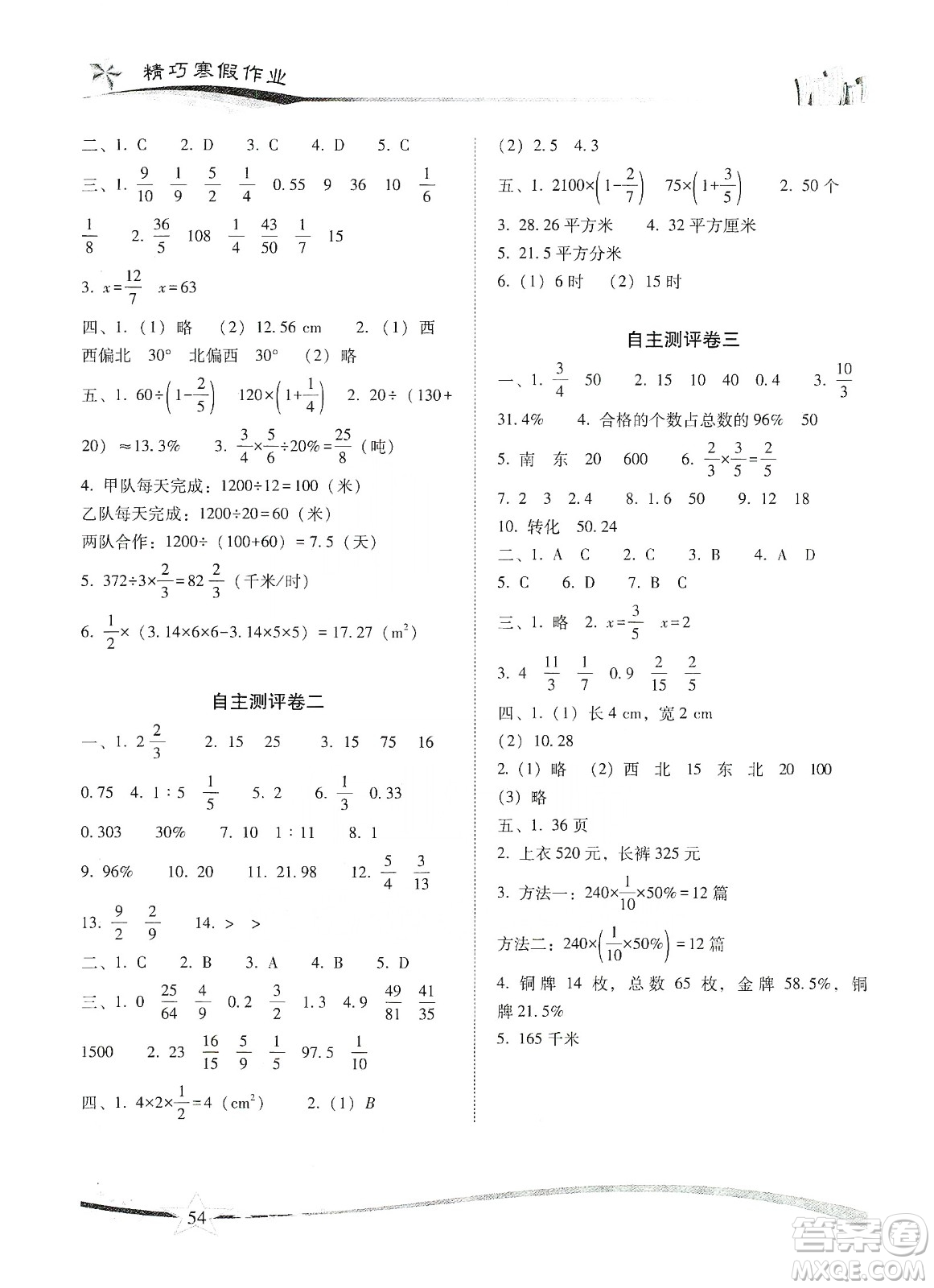 云南美術出版社2020精巧寒假作業(yè)專題訓練與期末總復習六年級數學人教版答案