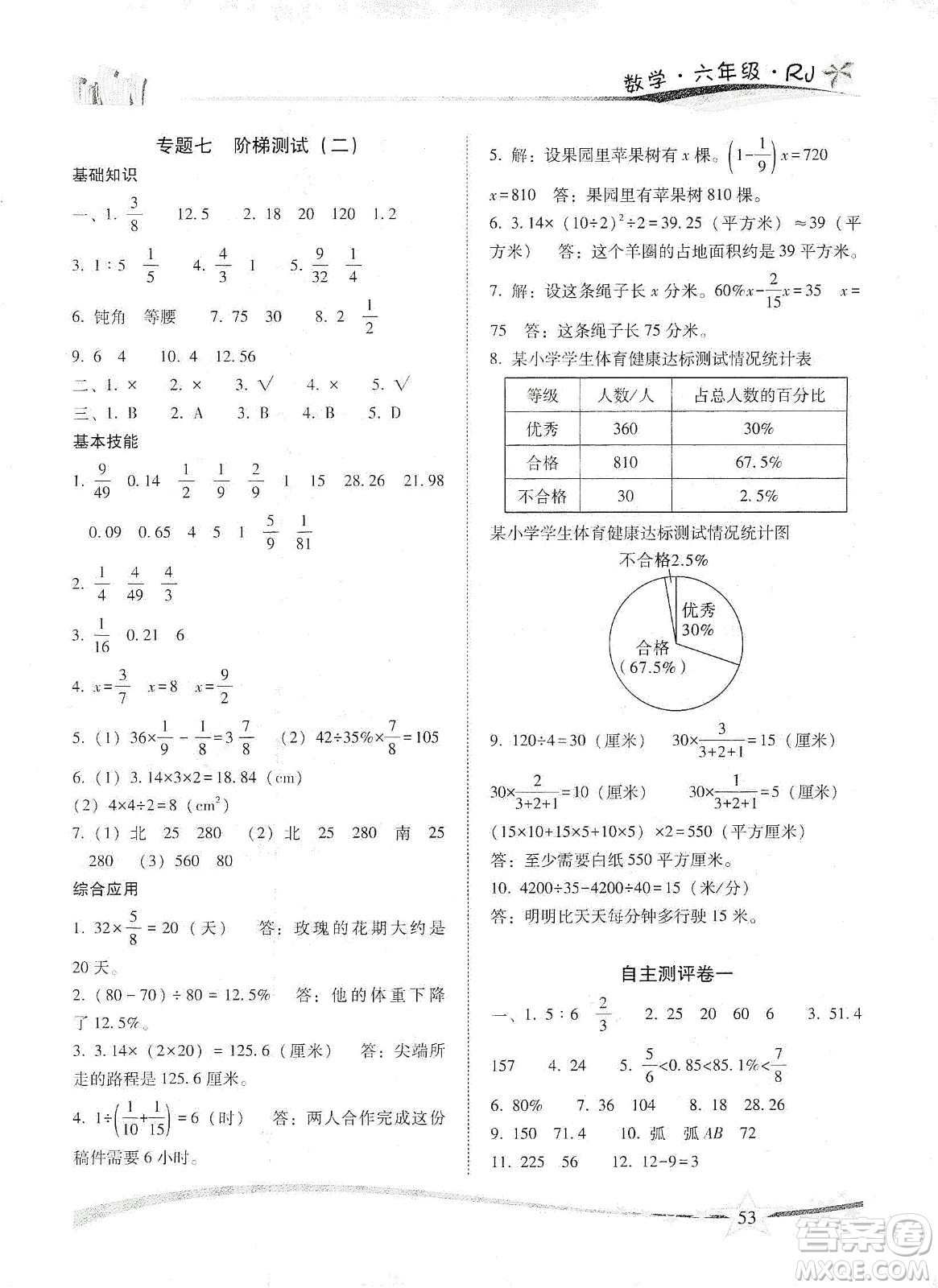 云南美術出版社2020精巧寒假作業(yè)專題訓練與期末總復習六年級數學人教版答案