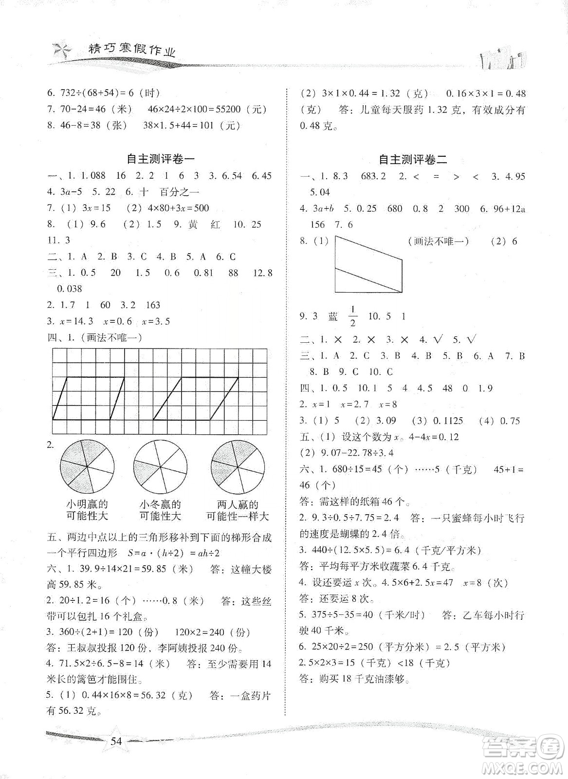 云南美術(shù)出版社2020精巧寒假作業(yè)專題訓(xùn)練與期末總復(fù)習(xí)五年級(jí)數(shù)學(xué)人教版答案