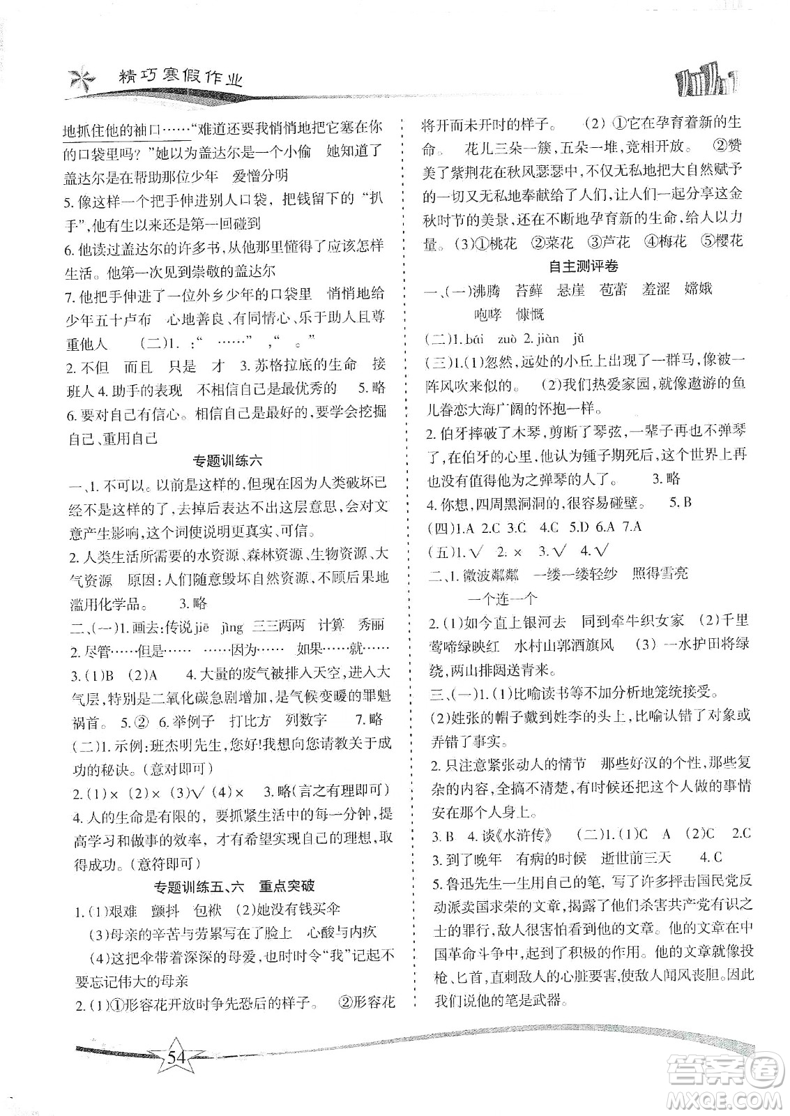 云南美術(shù)出版社2020精巧寒假作業(yè)專題訓(xùn)練與重點突破六年級語文人教版答案