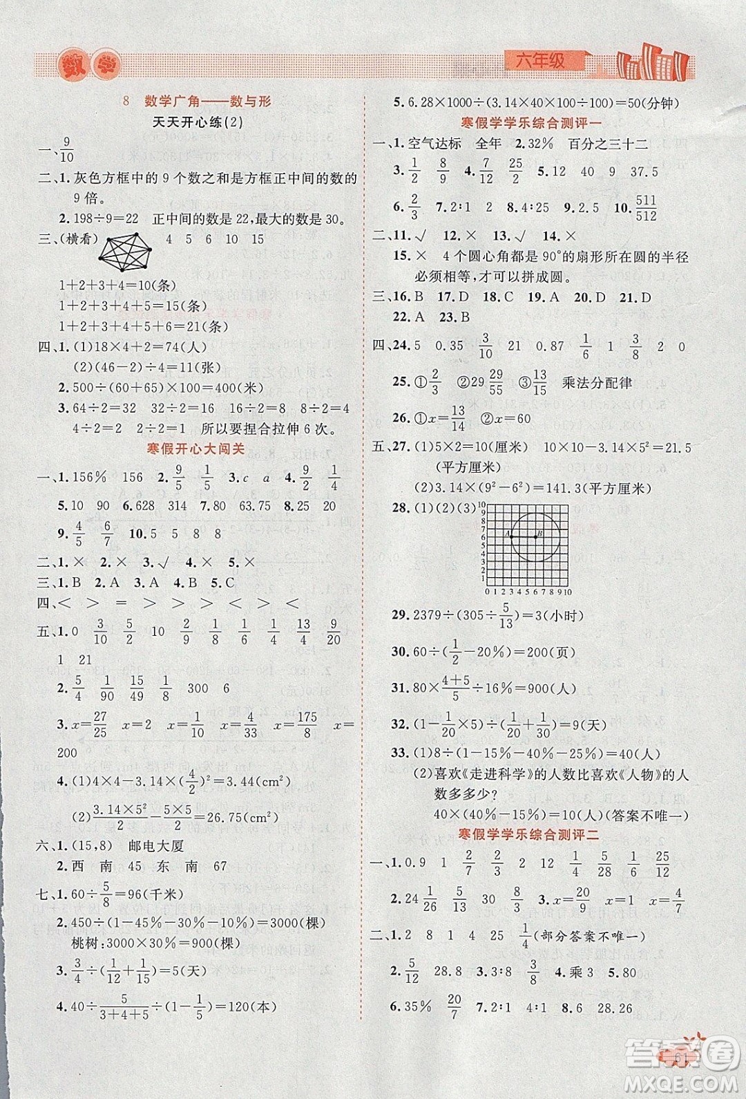 2020年全能測(cè)控寒假開(kāi)心果六年級(jí)數(shù)學(xué)RJ人教版參考答案