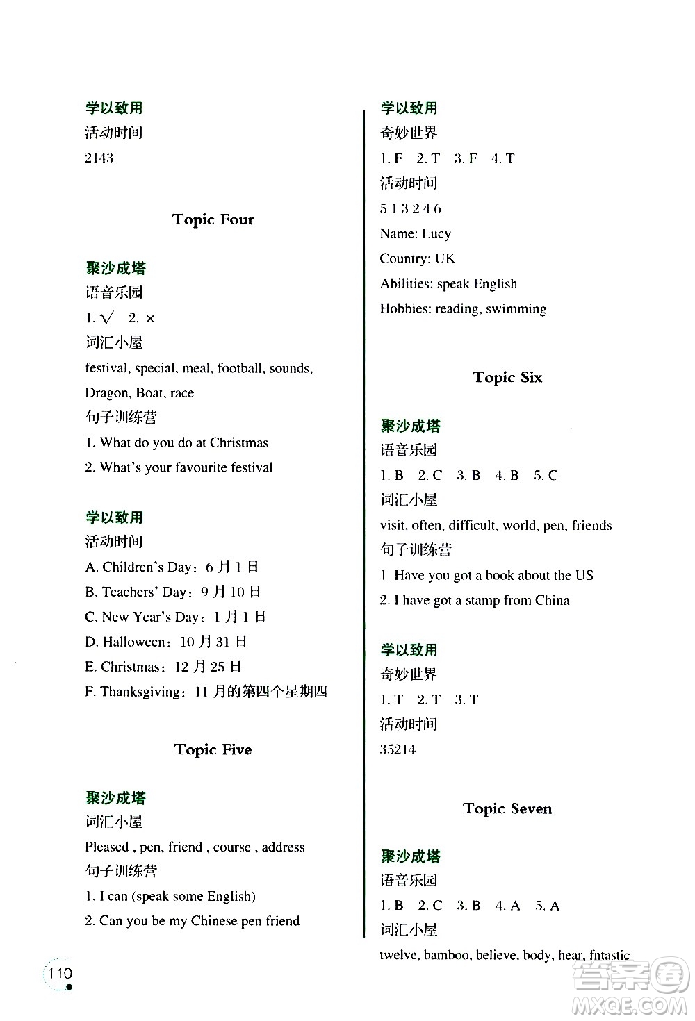 遼寧師范大學(xué)出版社2020年3年級起點寒假樂園六年級英語最新版參考答案