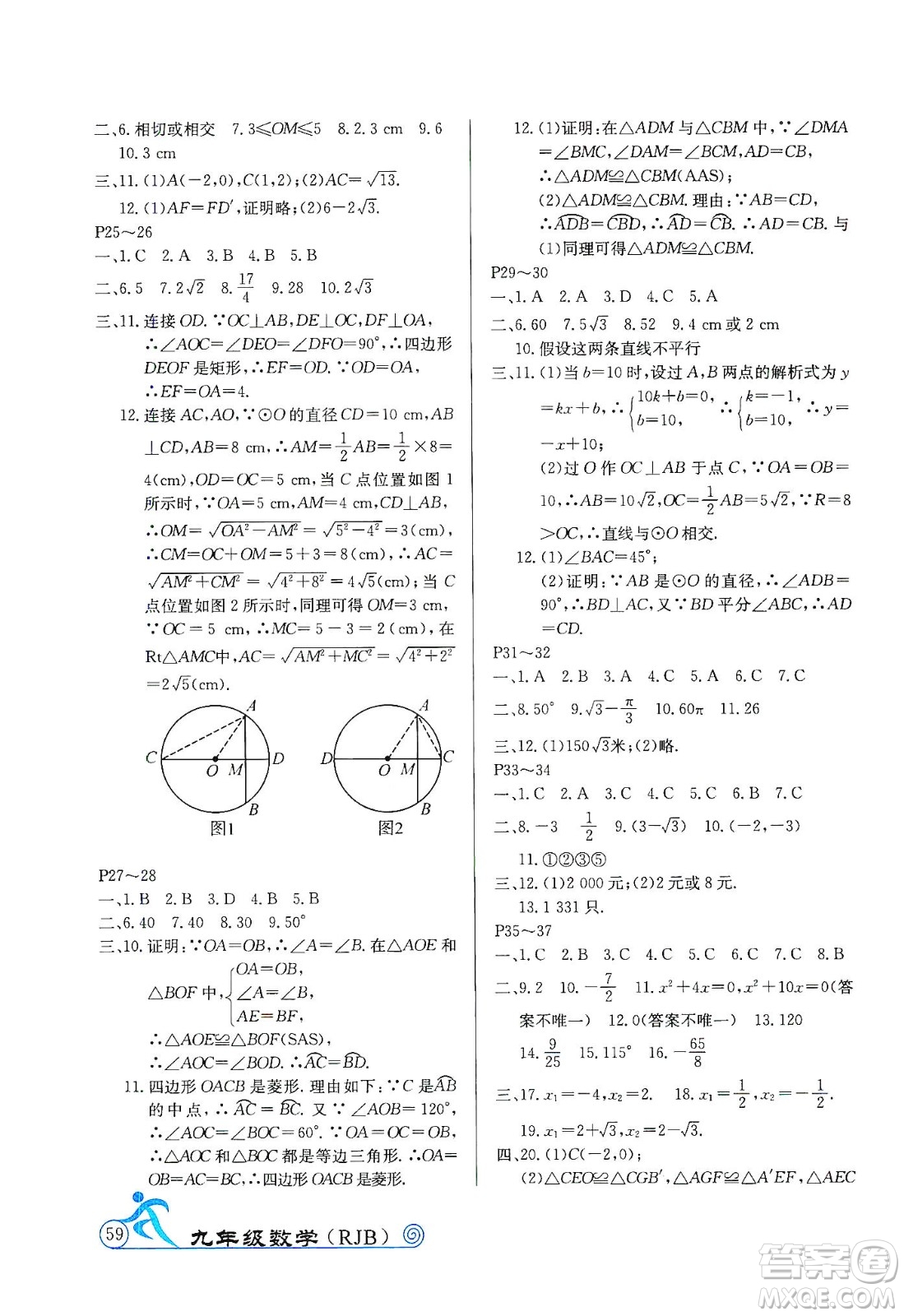 延邊教育出版社2020快樂假期寒假作業(yè)九年級(jí)數(shù)學(xué)RJB版答案