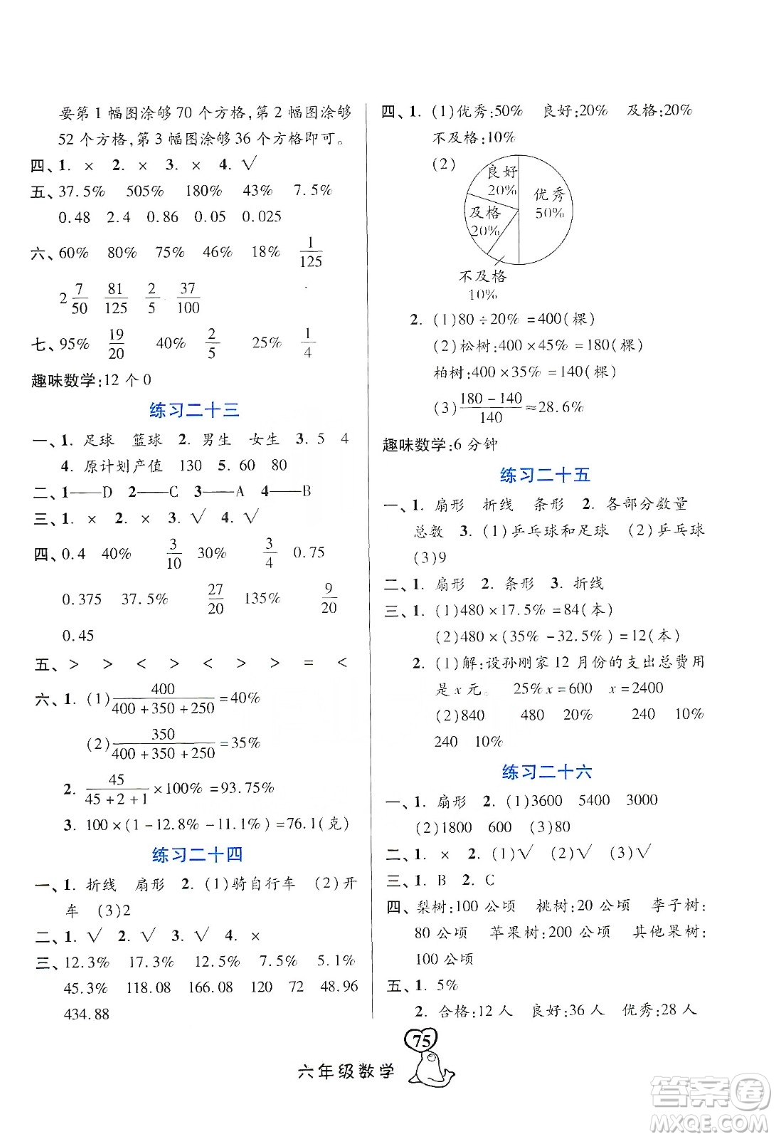 河北美術出版社2020寒假作業(yè)六年級數(shù)學答案