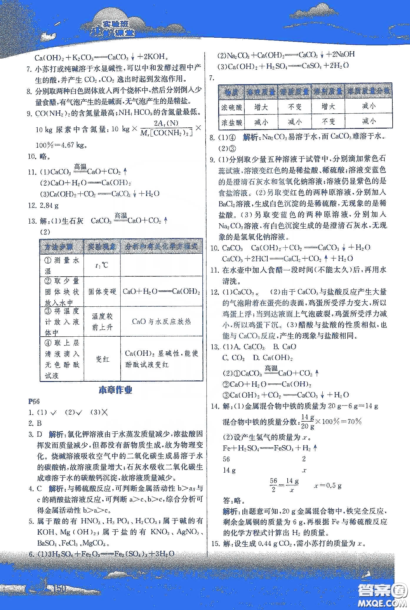 上海教育出版社2020年義務教育教科書九年級化學下冊滬教版教材習題答案