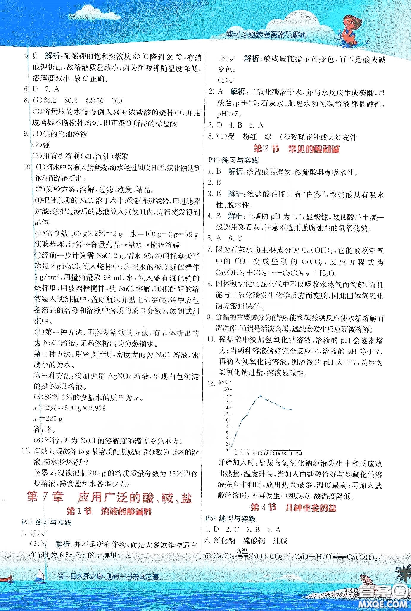 上海教育出版社2020年義務教育教科書九年級化學下冊滬教版教材習題答案