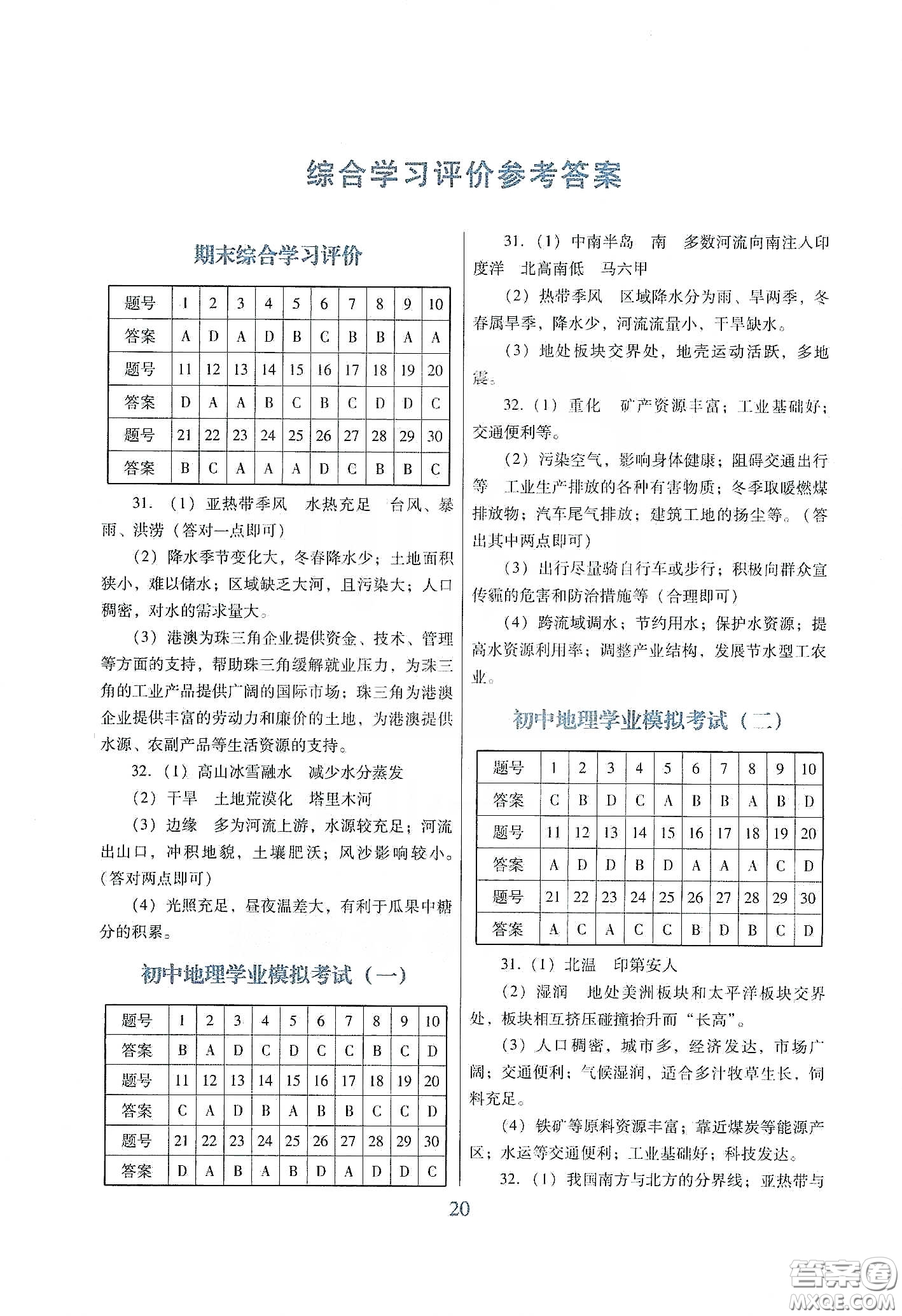 2020南方新課堂金牌學(xué)案八年級(jí)地理下冊粵人民版答案