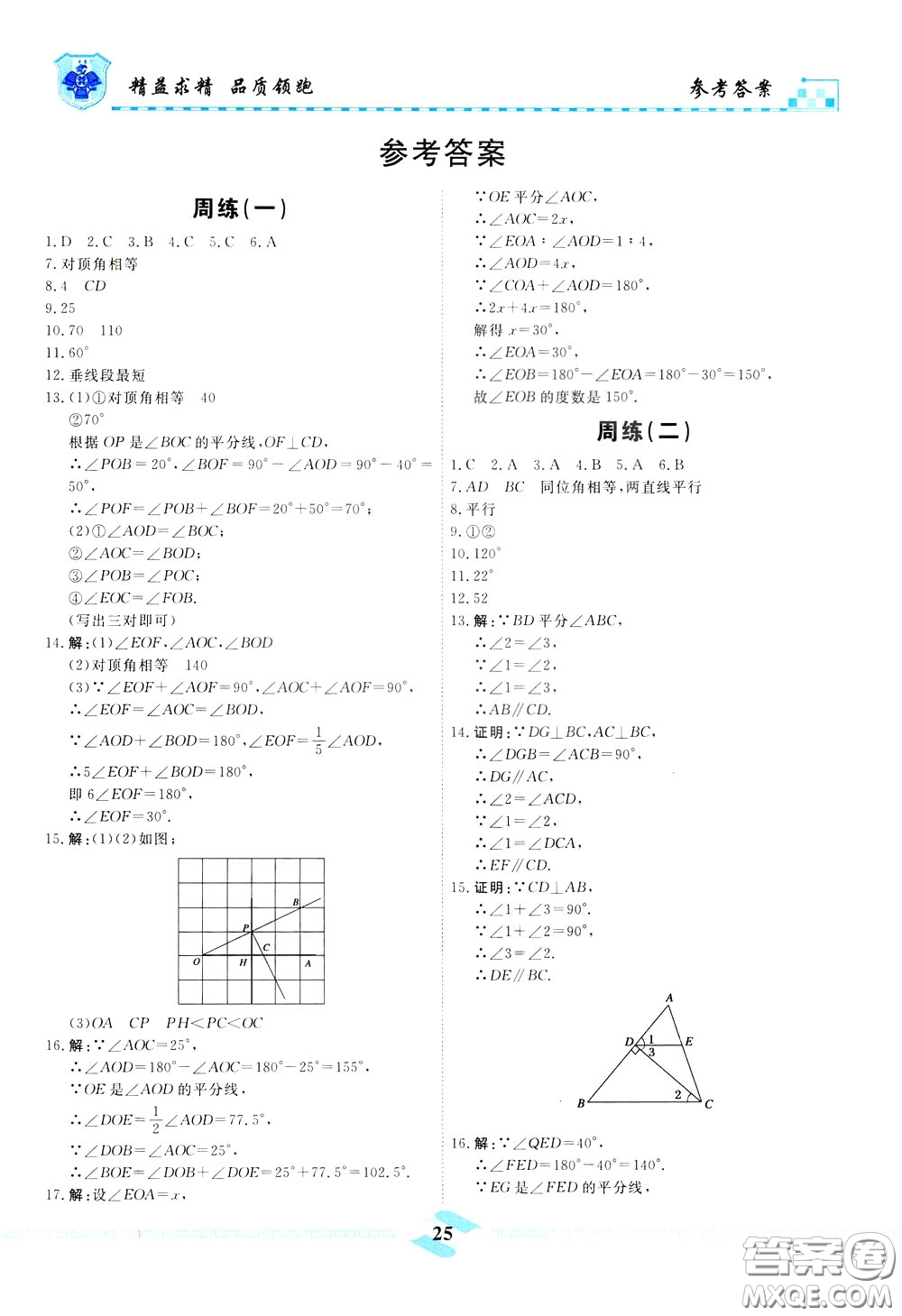 天津人民出版社2020年一飛沖天課時(shí)作業(yè)七年級(jí)下冊數(shù)學(xué)周練參考答案