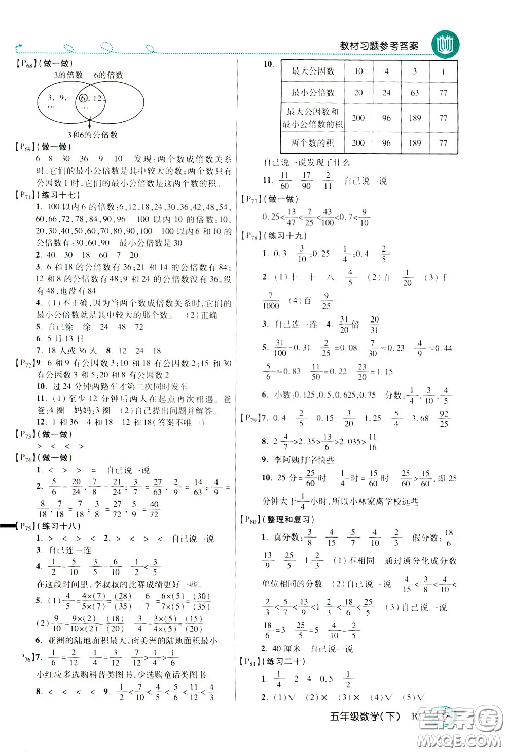 萬向思維2020年倍速學習法教材導學練五年級數(shù)學下RJ人教版參考答案