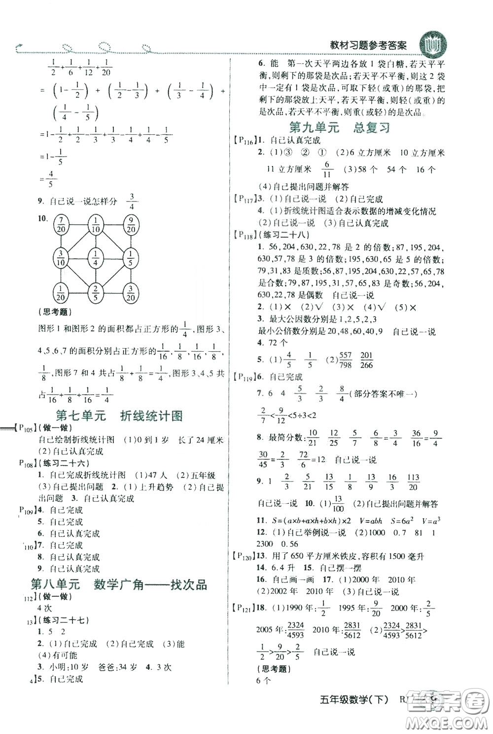 萬向思維2020年倍速學習法教材導學練五年級數(shù)學下RJ人教版參考答案