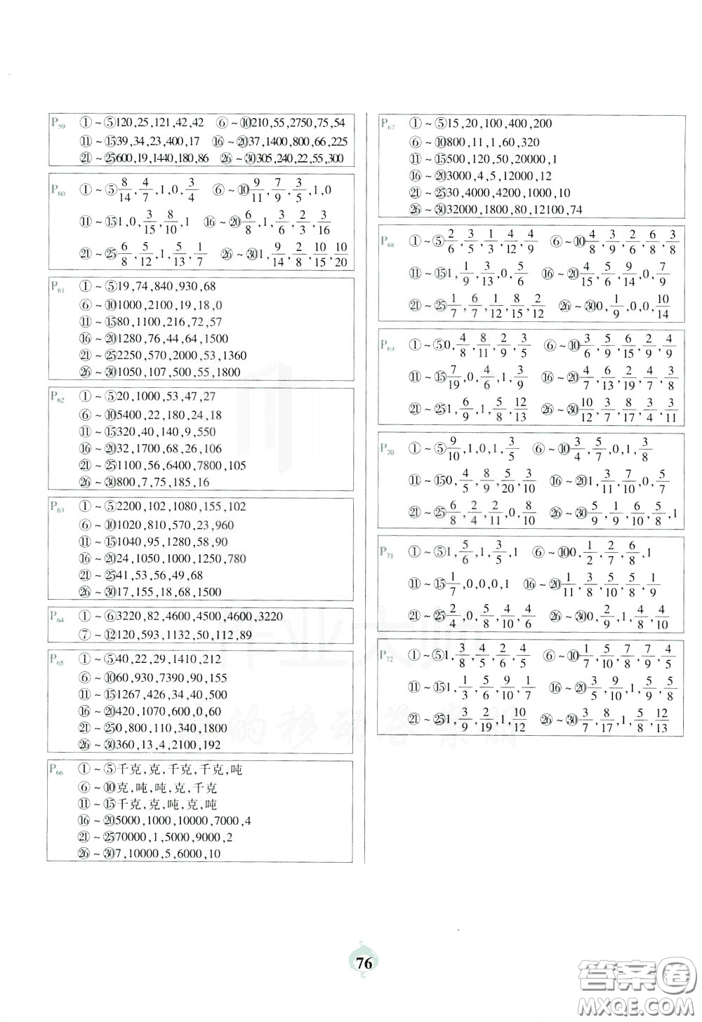 2020年計(jì)算小能手口算題卡三年級下BS北師版參考答案