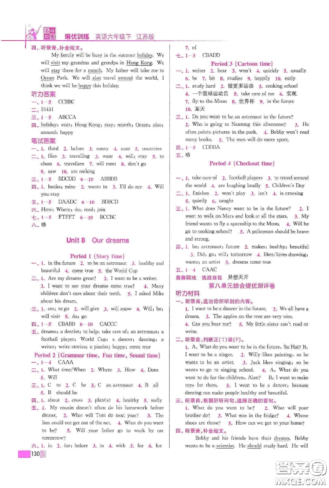 東南大學(xué)出版社2020名師點(diǎn)撥培優(yōu)訓(xùn)練六年級英語下冊江蘇版答案