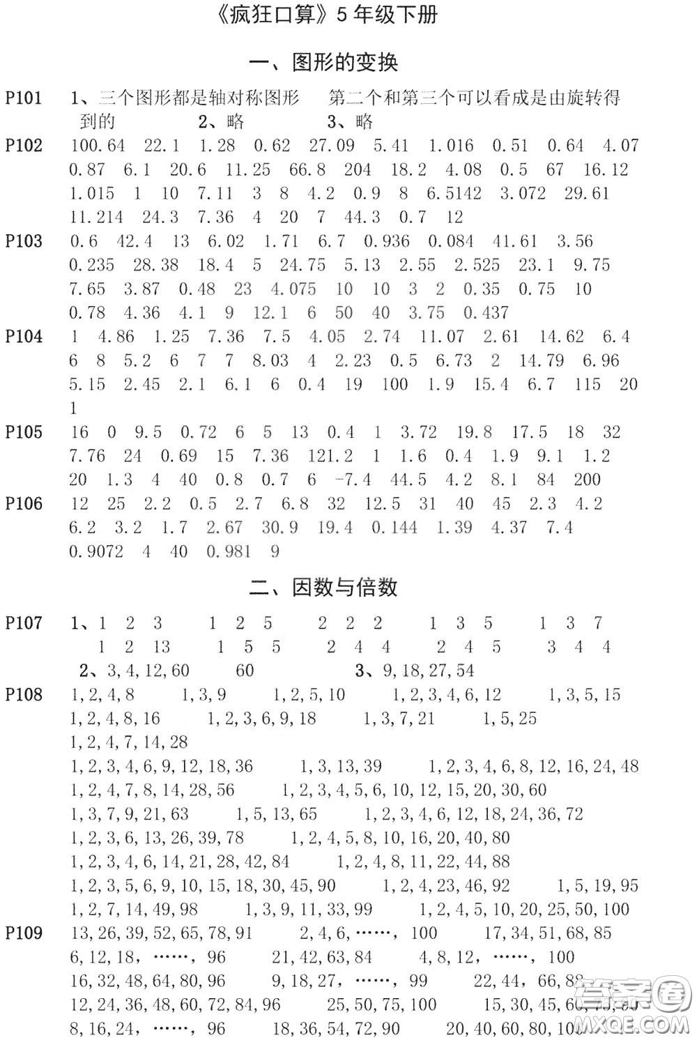 河海大學(xué)出版社2020年瘋狂口算小學(xué)數(shù)學(xué)口算題卡5年級參考答案