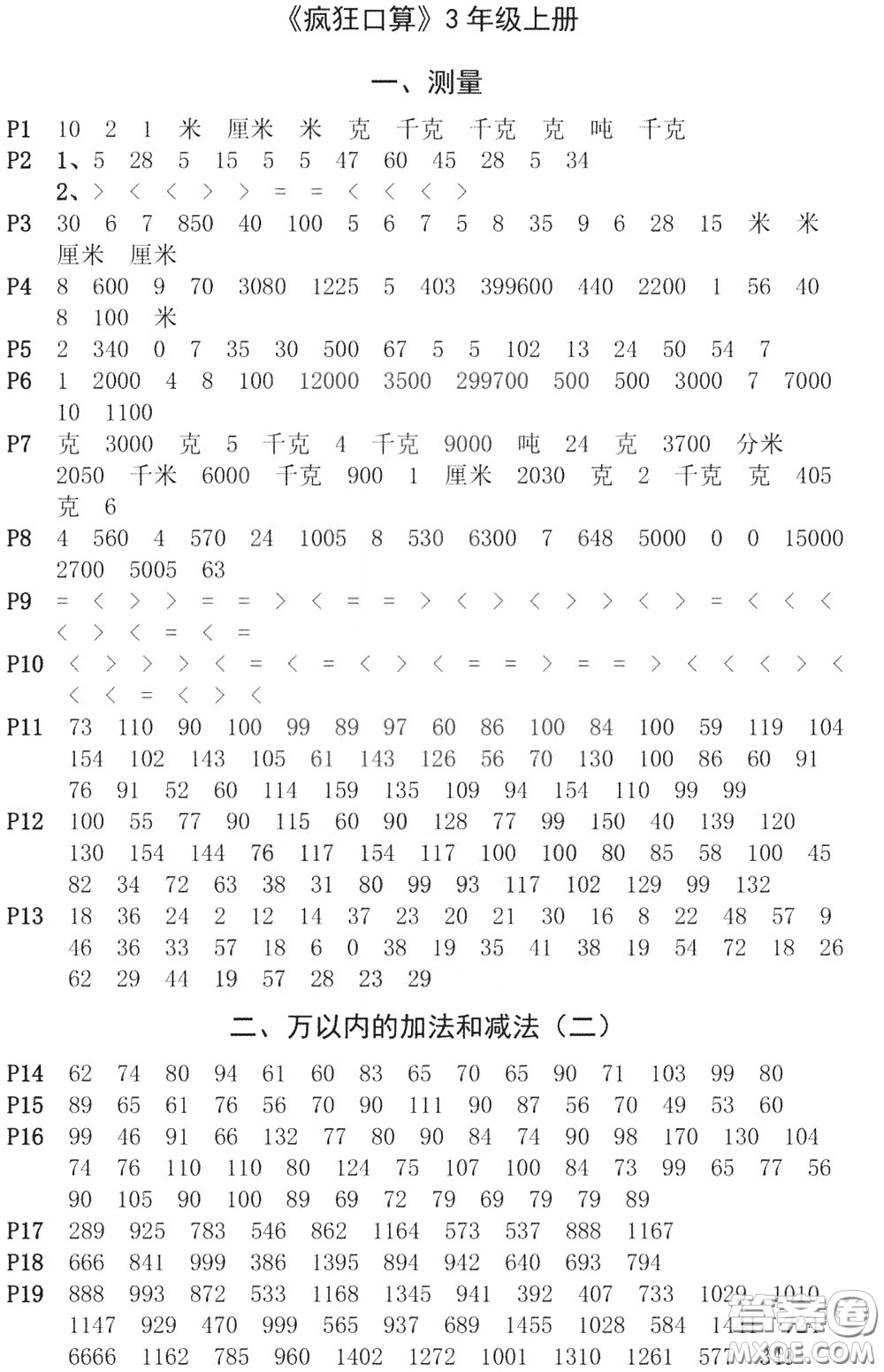 河海大學(xué)出版社2020年瘋狂口算小學(xué)數(shù)學(xué)口算題卡3年級參考答案