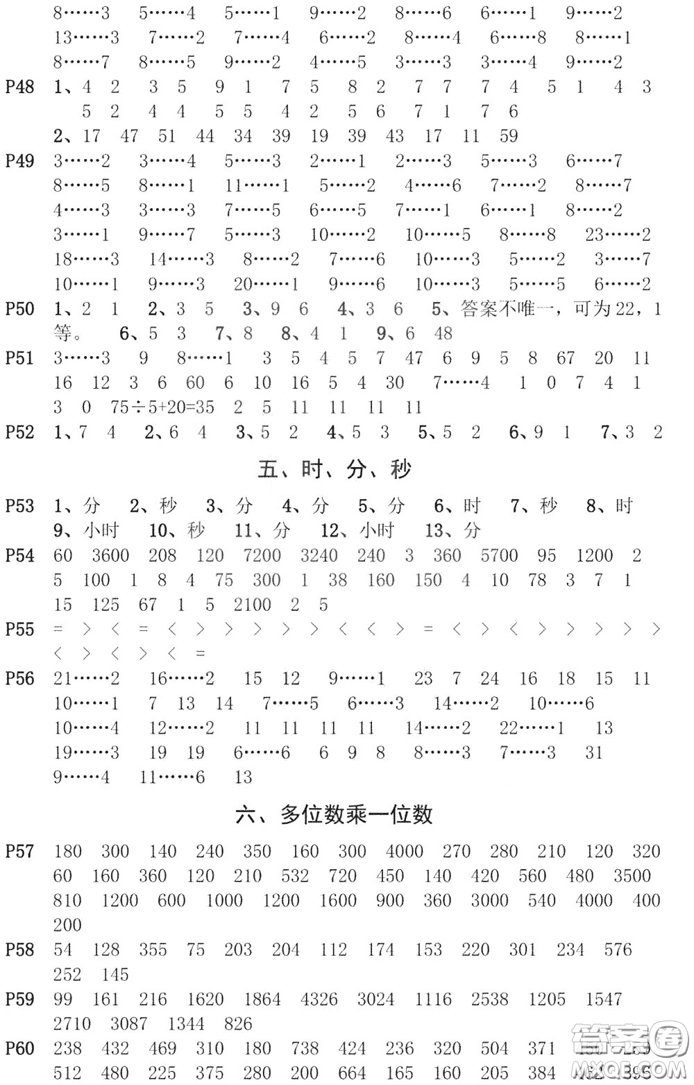 河海大學(xué)出版社2020年瘋狂口算小學(xué)數(shù)學(xué)口算題卡3年級參考答案