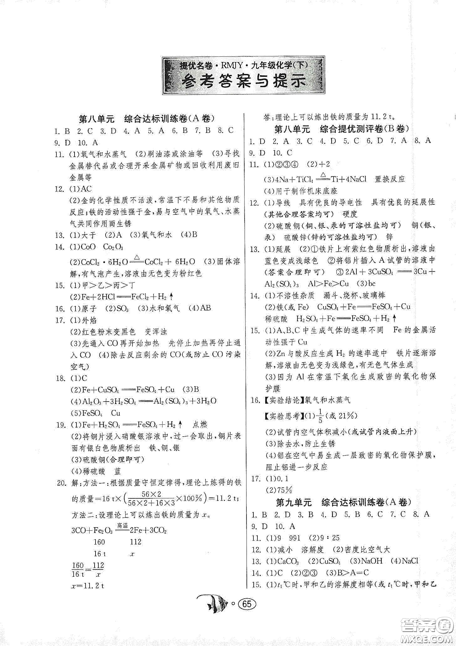 春雨教育2020名牌牛皮卷提優(yōu)名卷九年級(jí)化學(xué)下冊(cè)人民教育版答案