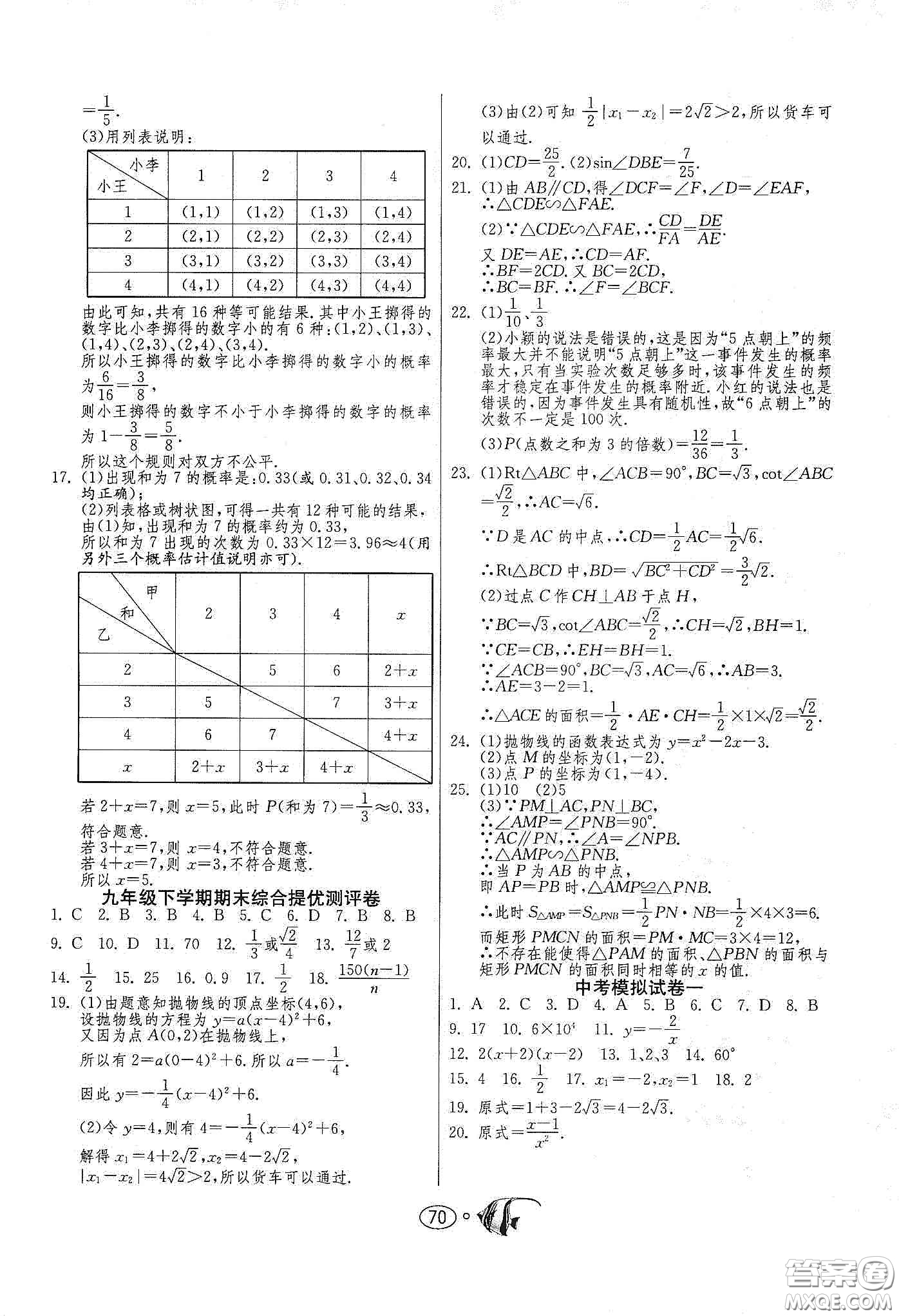 春雨教育2020名牌牛皮卷提優(yōu)名卷九年級(jí)數(shù)學(xué)下冊(cè)江蘇科教jskj版答案