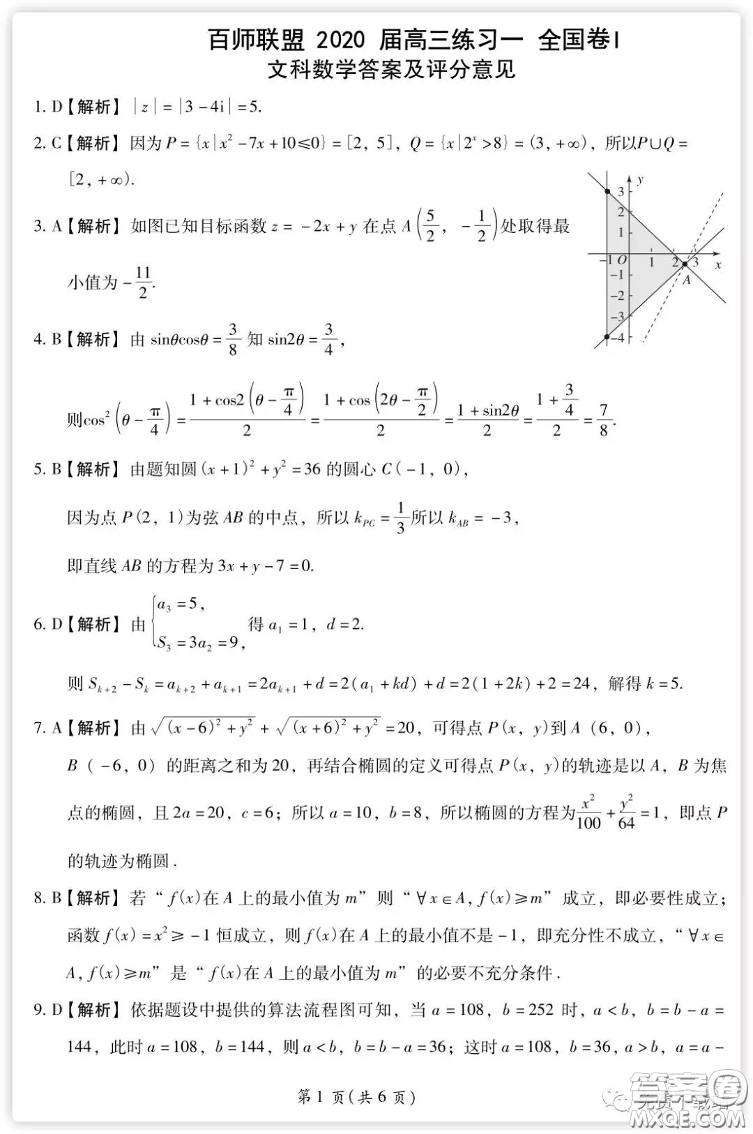 百師聯(lián)盟2020屆高三練習(xí)一全國卷I文科數(shù)學(xué)試題及答案