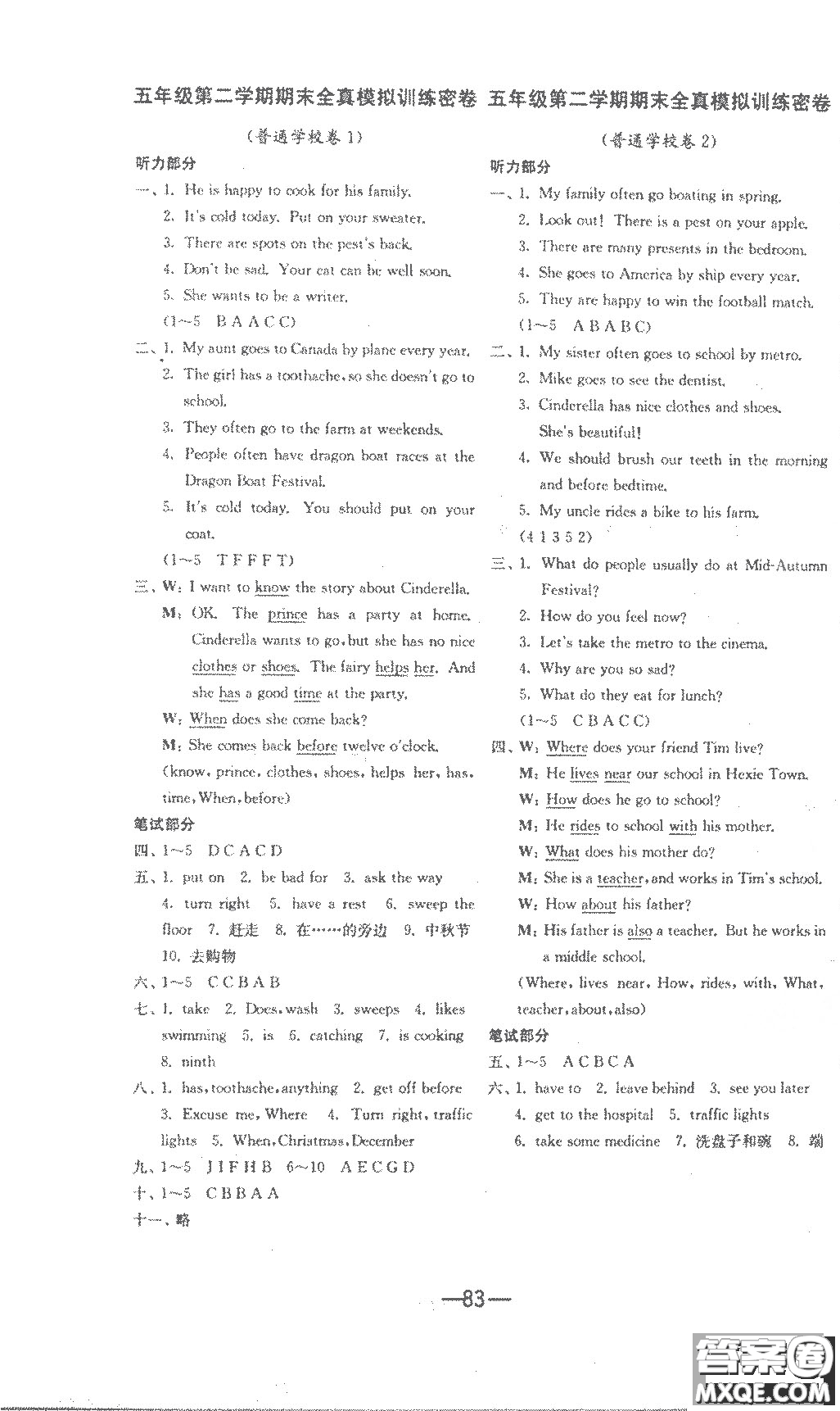 江蘇人民出版社2020年期末闖關(guān)沖刺100分英語(yǔ)五年級(jí)下江蘇版參考答案