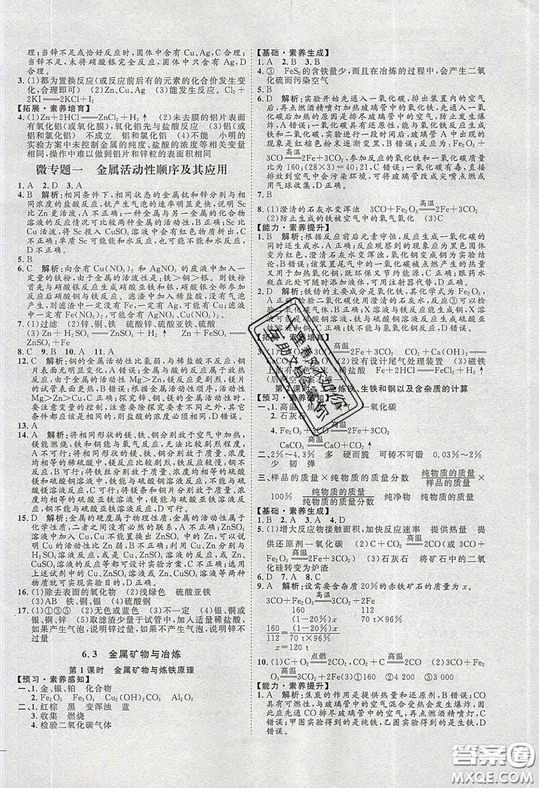 2020春優(yōu)加學(xué)案課時通九年級化學(xué)下冊Y版答案