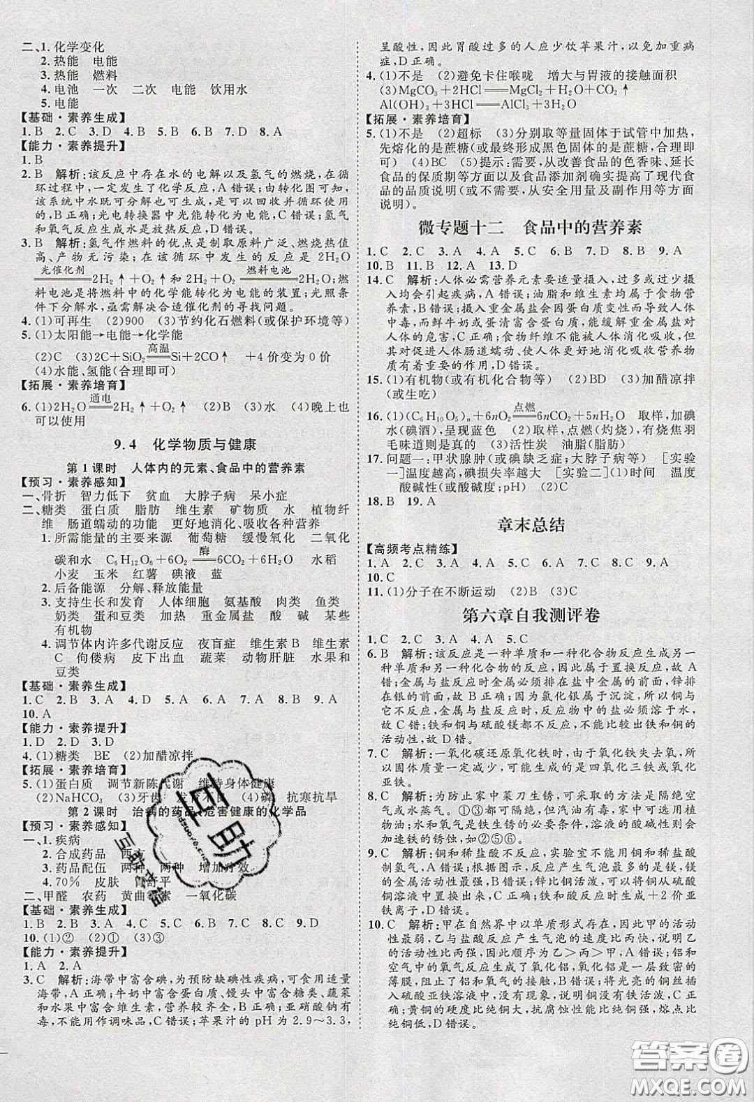 2020春優(yōu)加學(xué)案課時通九年級化學(xué)下冊Y版答案