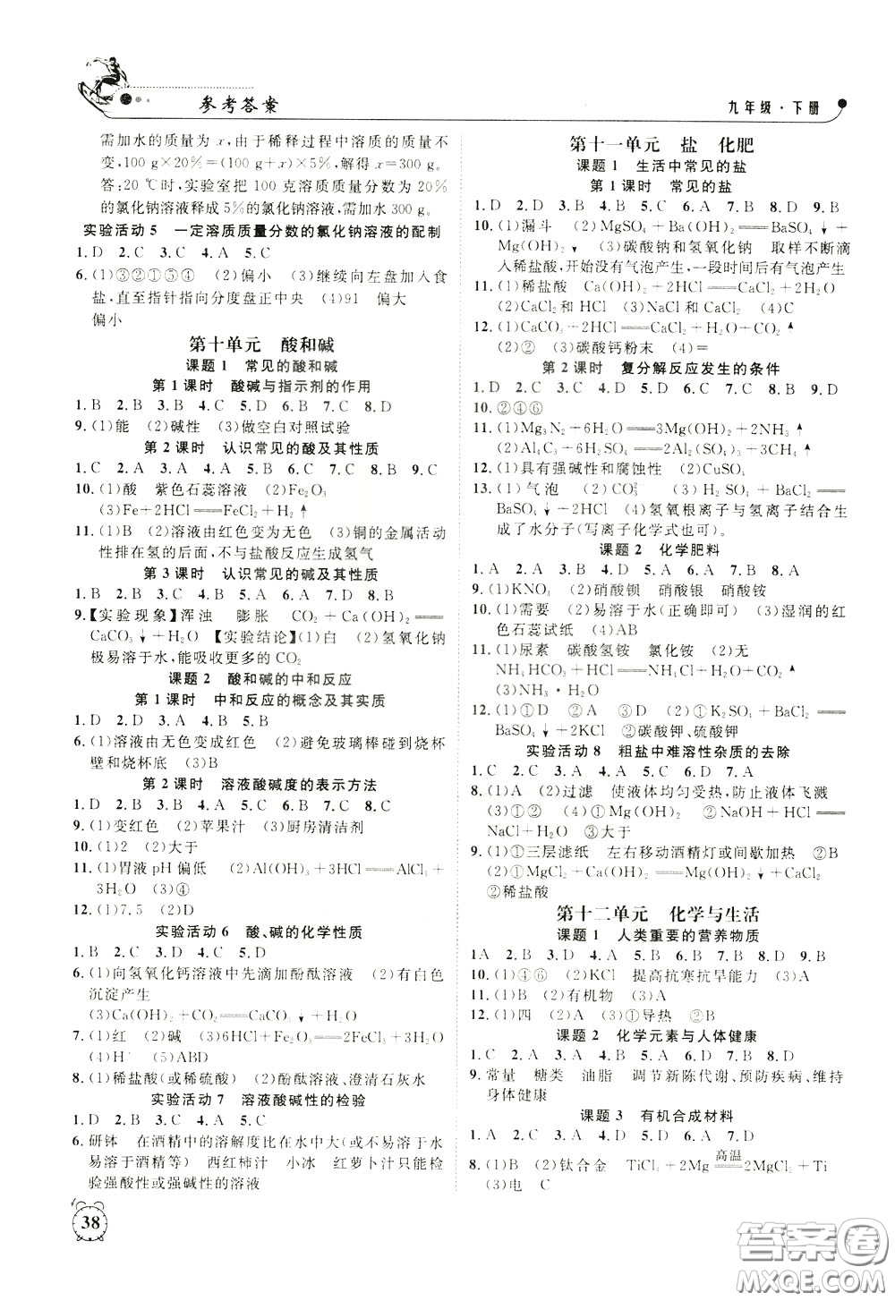 鐘書金牌2020年過關沖刺100分課時作業(yè)化學九年級下冊R版人教版參考答案